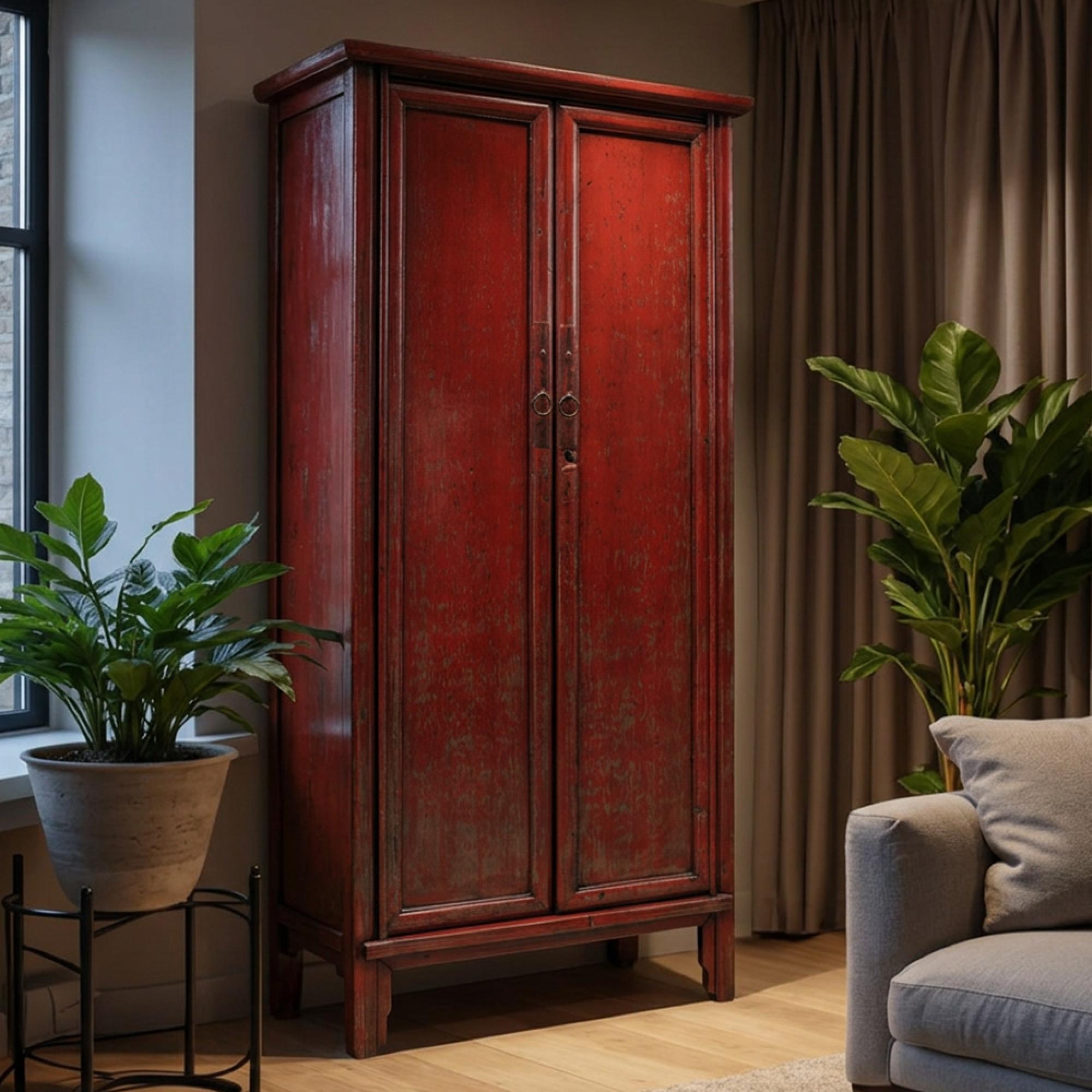 Distressed Storage Cabinet - 2 Door - 2 Drawer - Red - Wooden