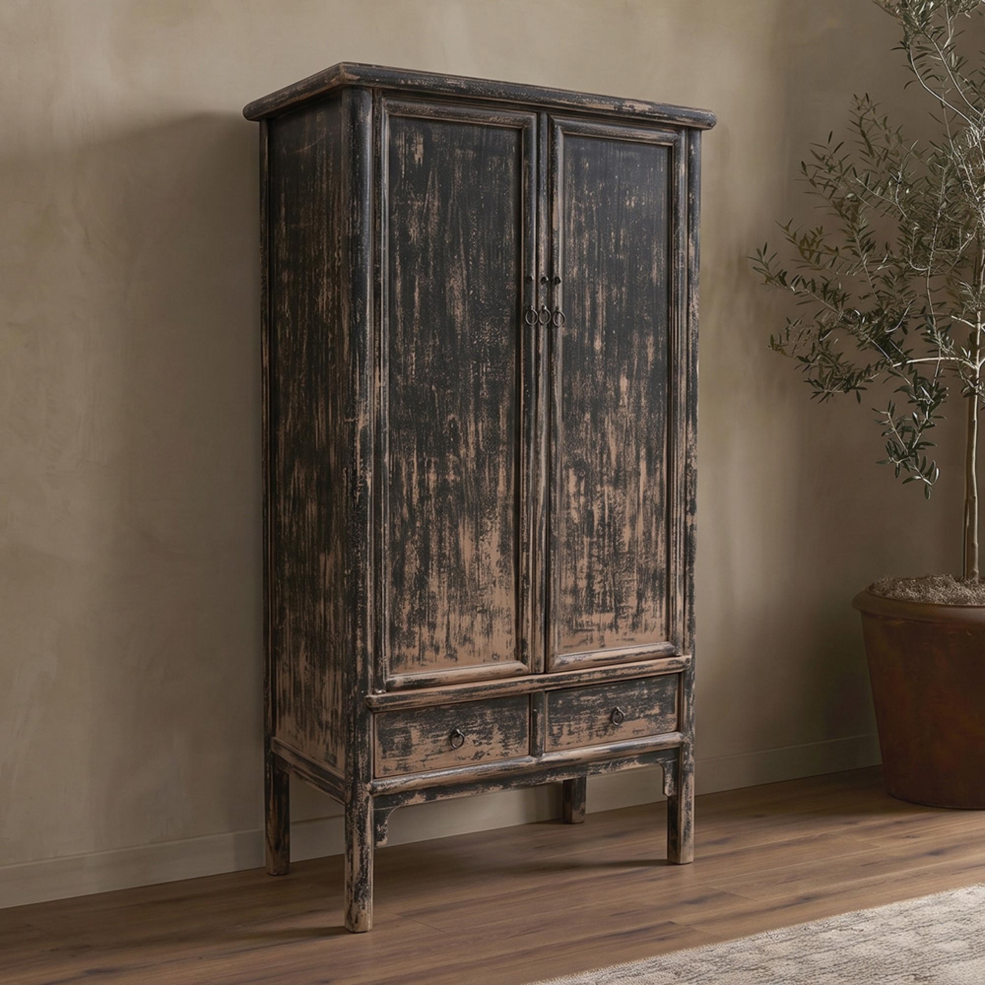 Unique One of a Kind - Distressed Storage Cabinet - 2 Door - 4 Drawer - Weathered Black - Pine Wood
