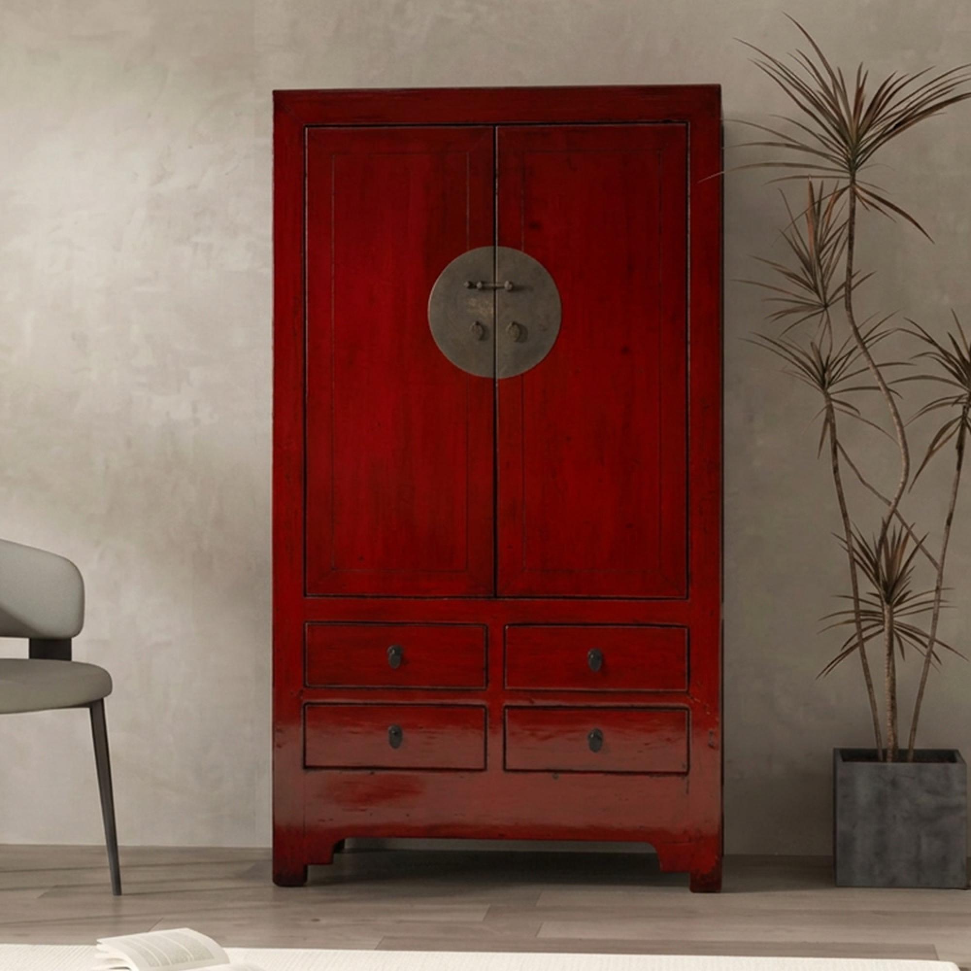 Handcrafted Storage Cabinet - 2 Door - 4 Drawer - Oriental Style - Red - Wooden