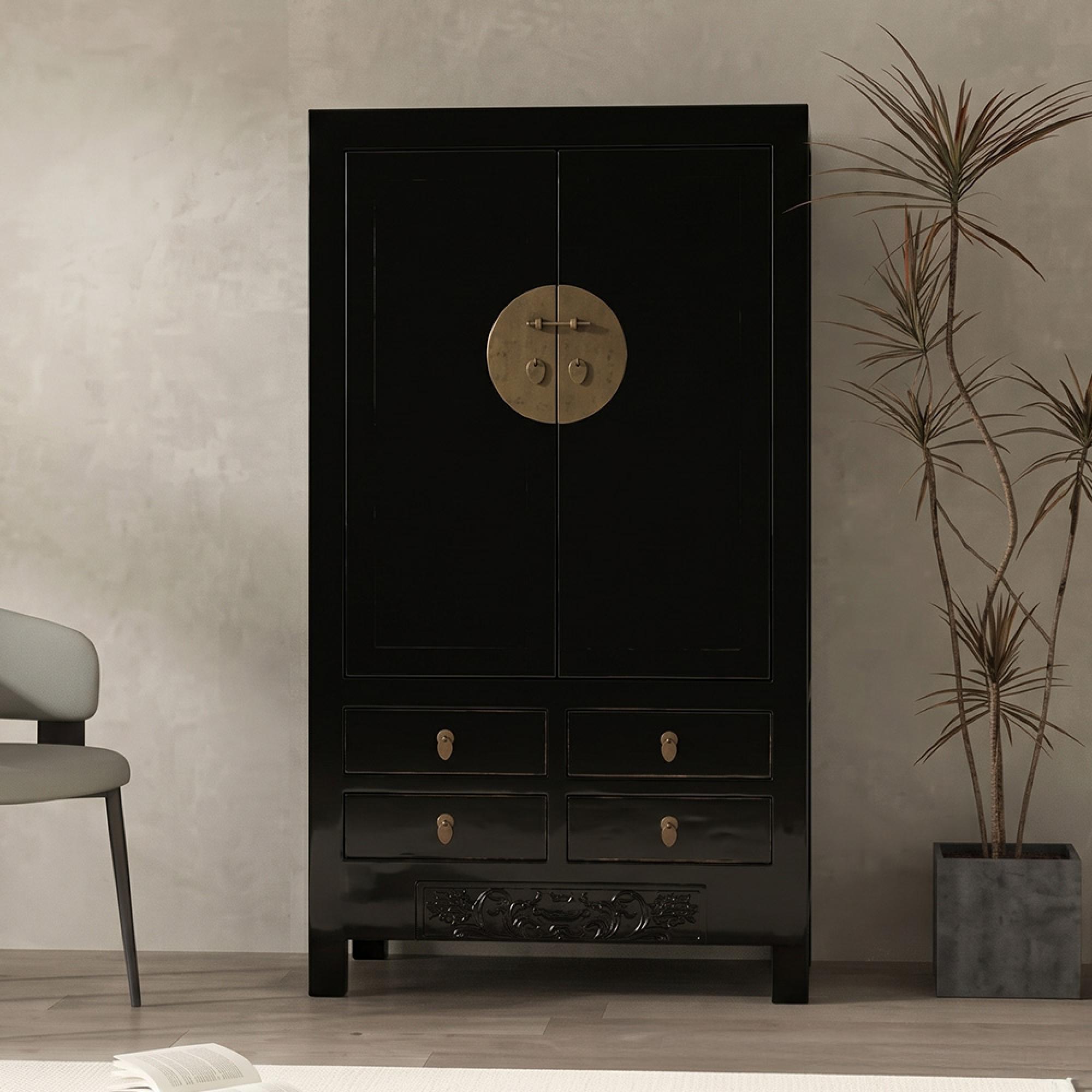 Handcrafted Storage Cabinet - Carved - 2 Door - 4 Drawer - Oriental Style - Black - Wooden
