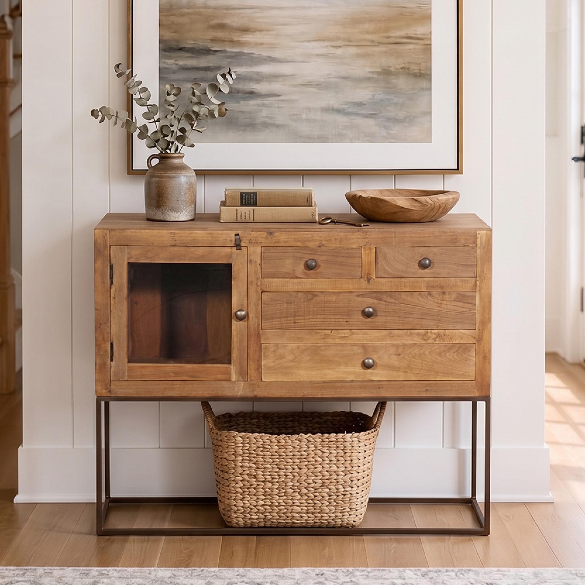 Vienna Hall Cabinet - 1 Door - 4 Drawer - Natural - Glass and Wood