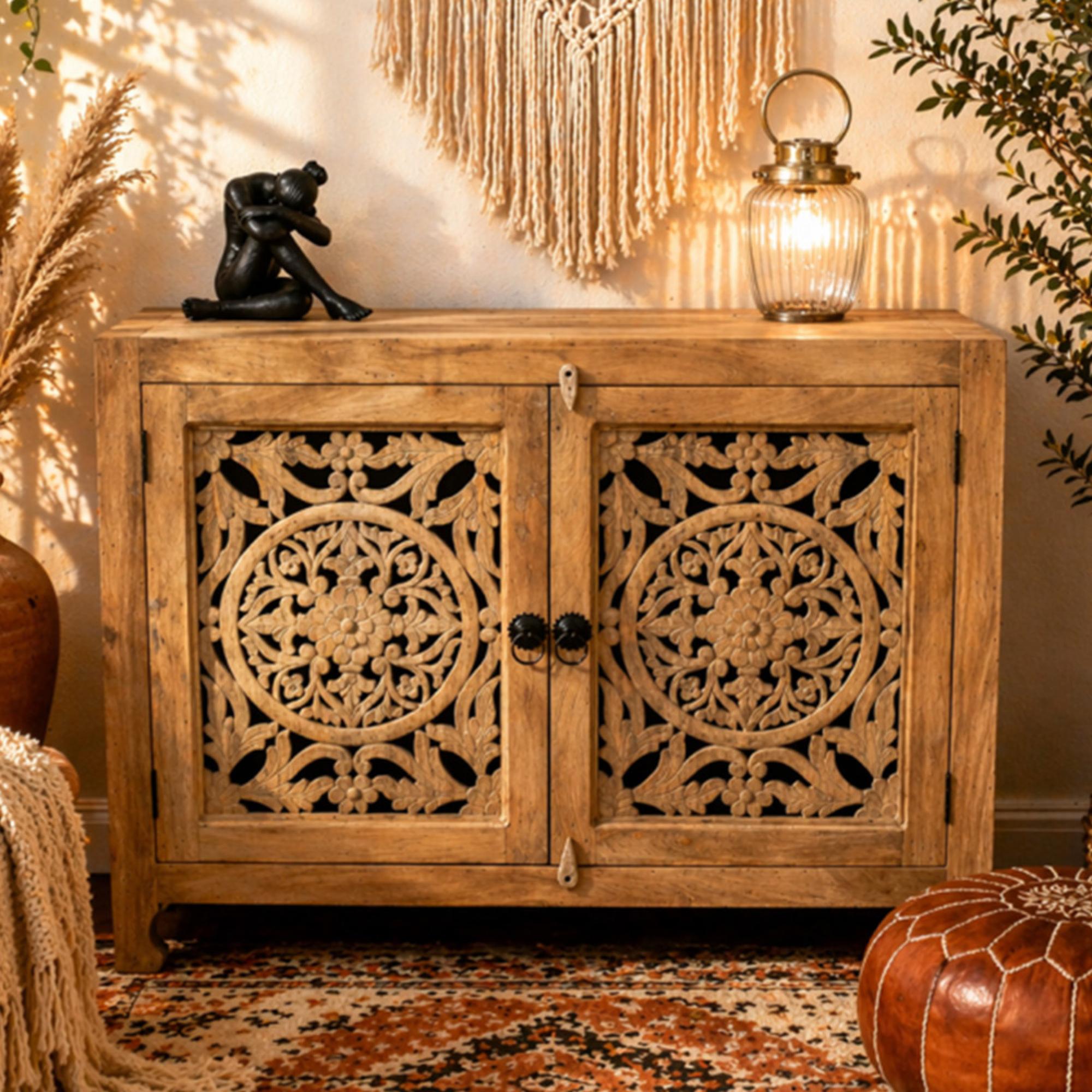 Hall Cabinet - Carved Mango Wood - 2 Door