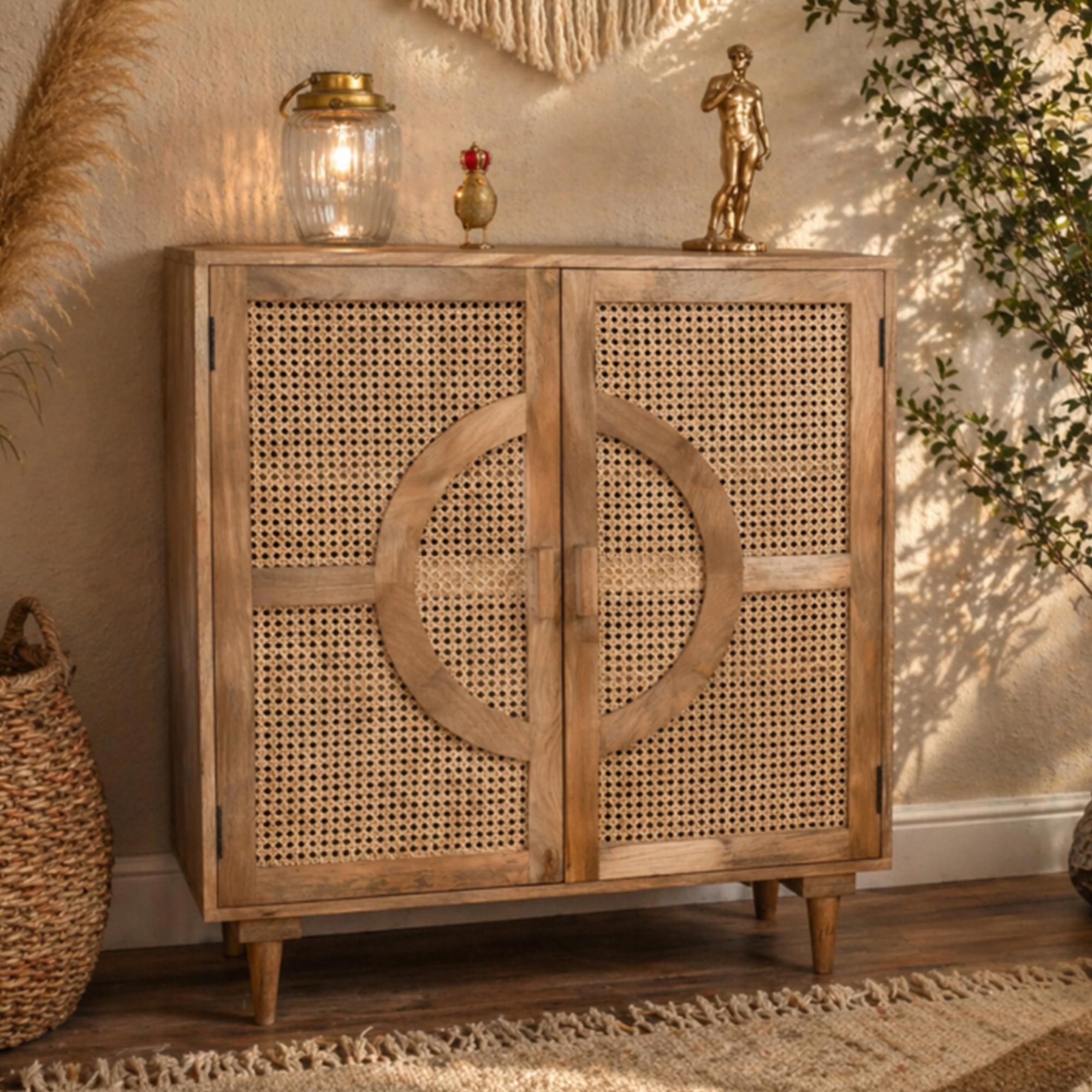 Hall Cabinet - Mango Wood and Rattan - 2 Door