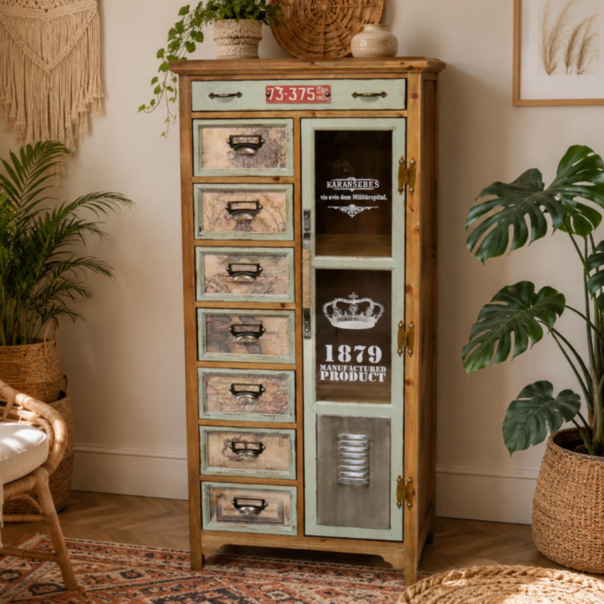 Apothecary Cabinet - 1 Door - Multi Drawer - Fir Wood - Industrial Style
