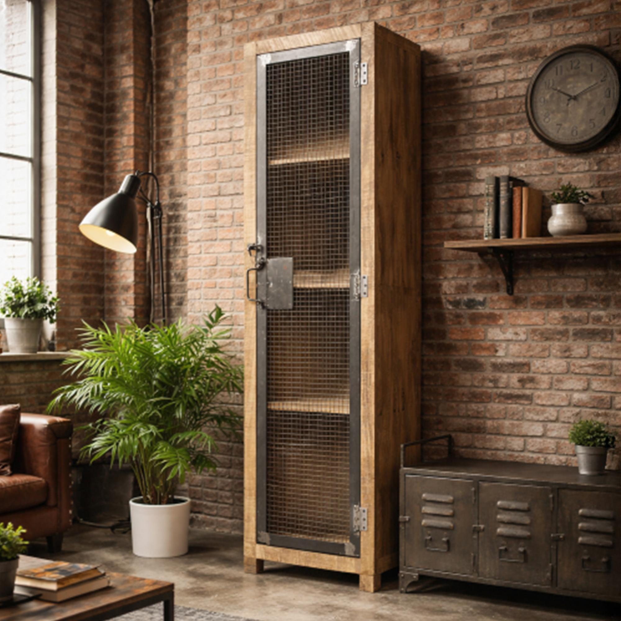 Tall Cabinet - Rustic Mango Wood and Metal - 1 Door