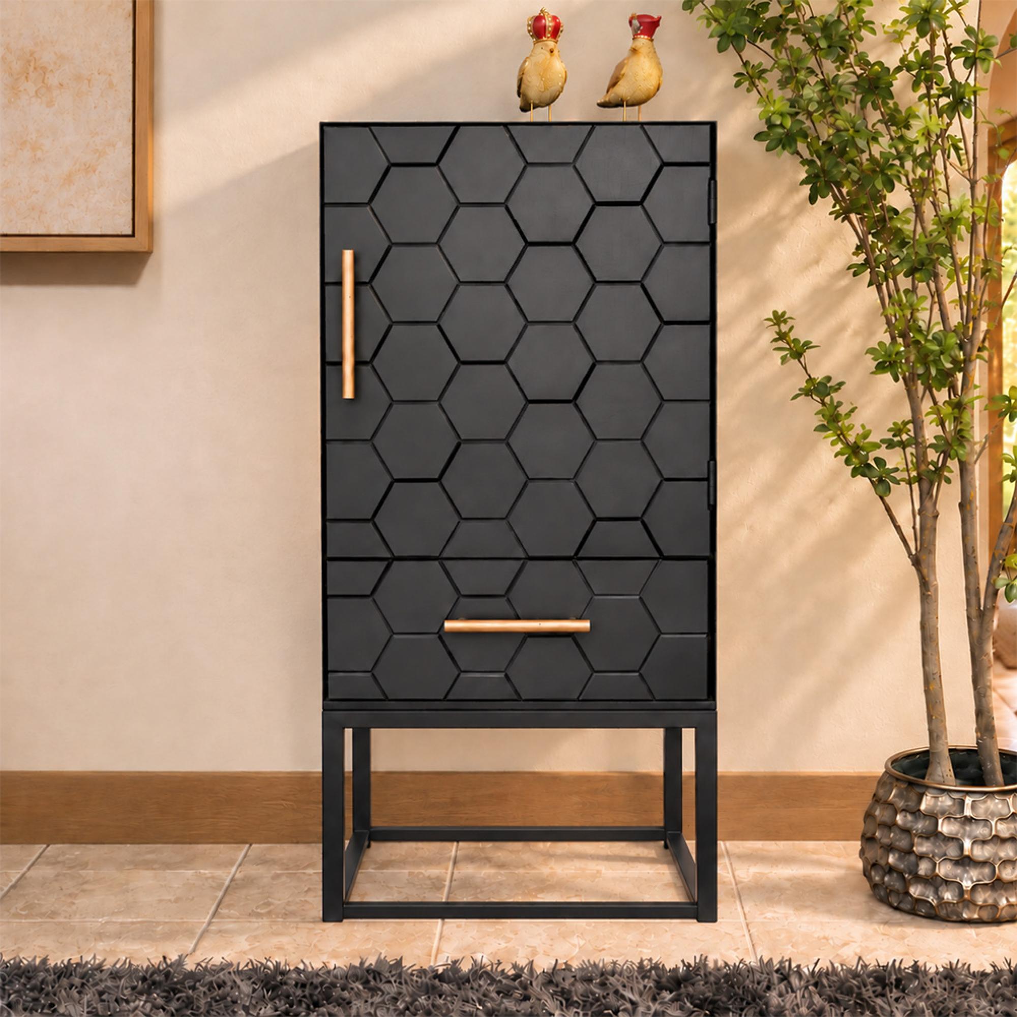 Hall Cabinet - Black - 1 Door - 1 Drawer - Metal & Wood