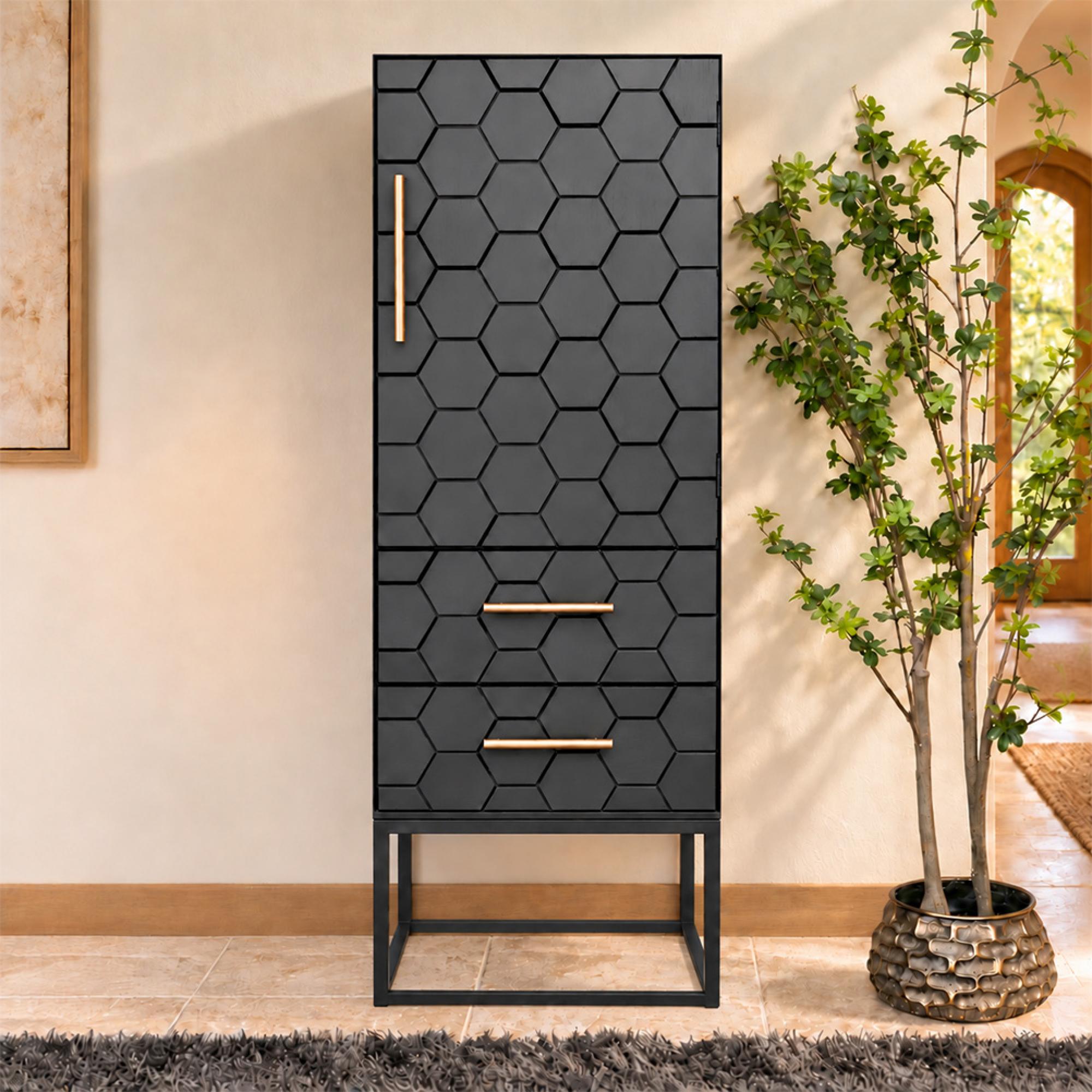 Hall Cabinet - Black - 1 Door - 2 Drawer - Metal & Wood