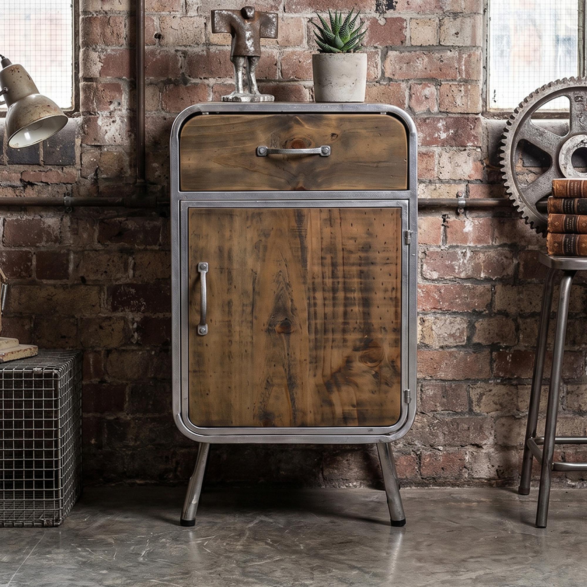 Industrial Cabinet - 1 Door - 1 Drawer - Distressed Wood and Metal