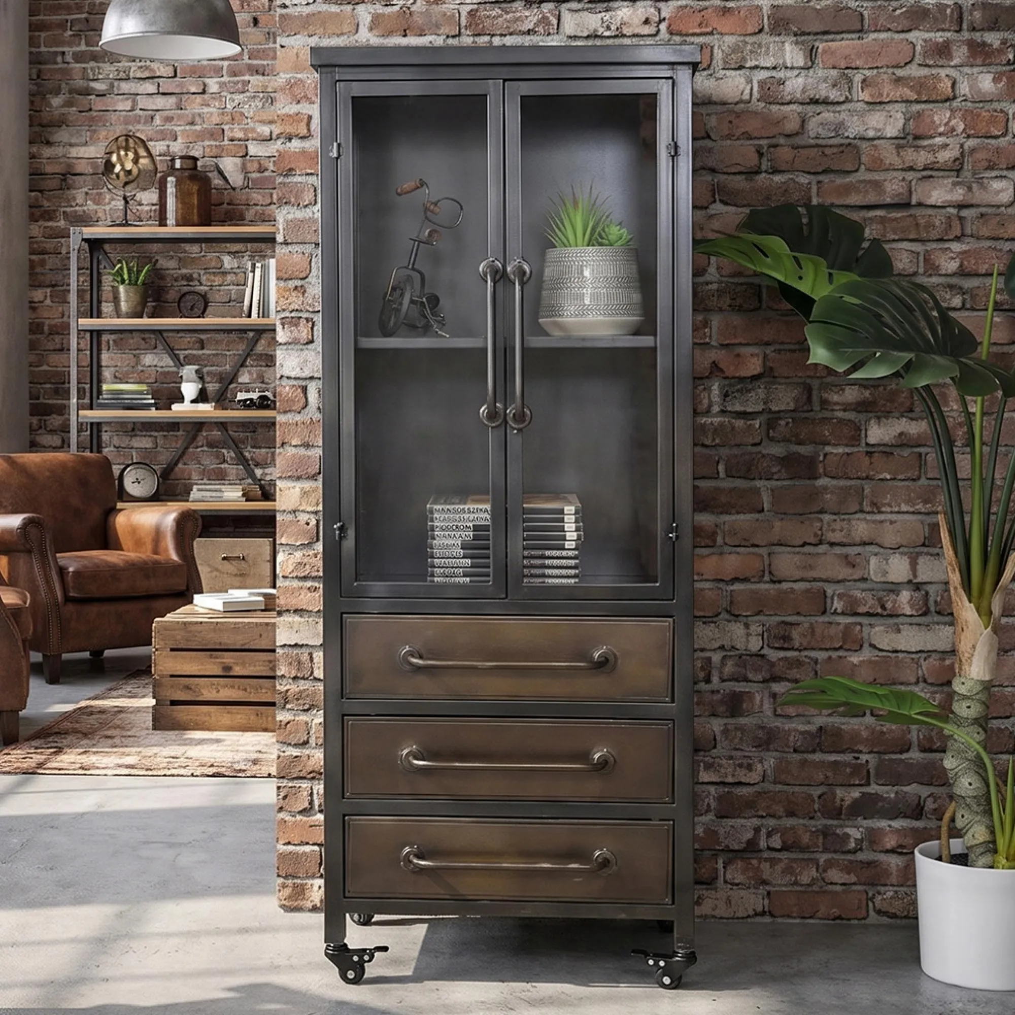 Industrial Cabinet - 2 Door - Bronze Metal and Glass