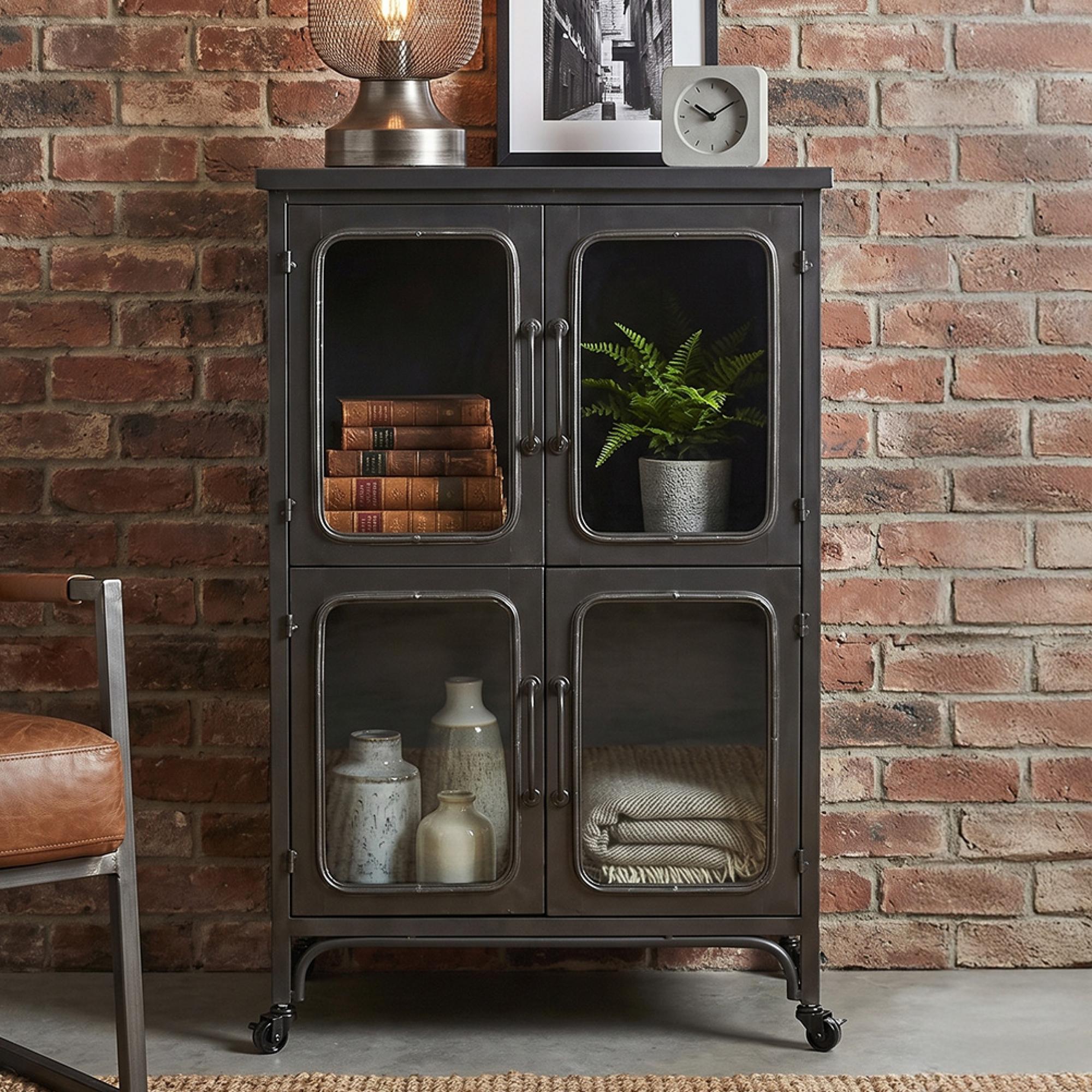 Industrial Cabinet - 4 Door - Black Metal and Glass