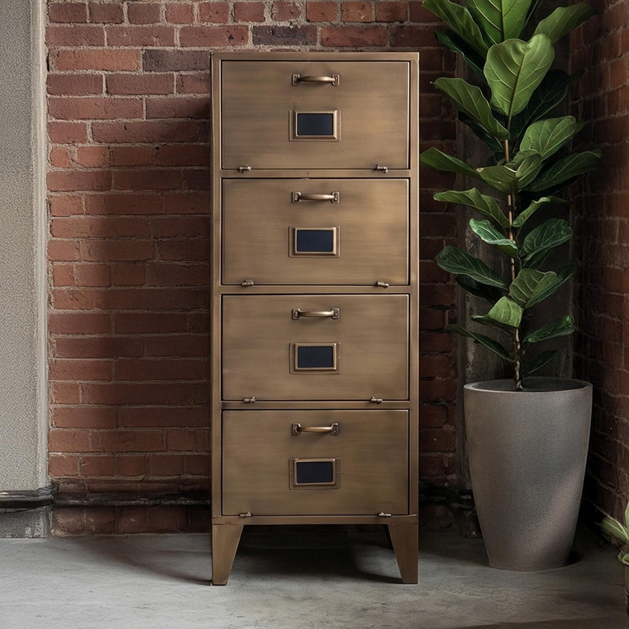 Industrial Antique Copper Metal Filing 4 Door Cabinet
