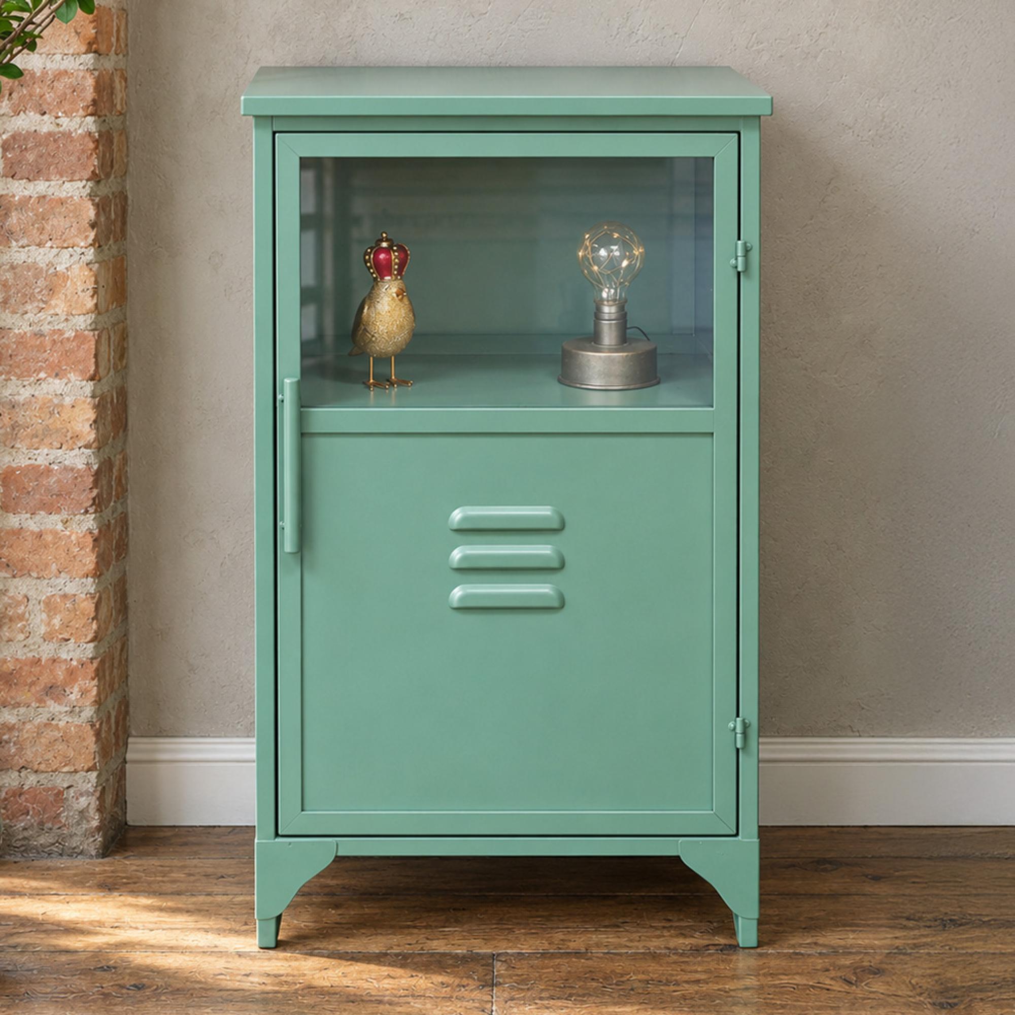 Storage Cabinet - 1 Door - Green Metal and Glass - Industrial