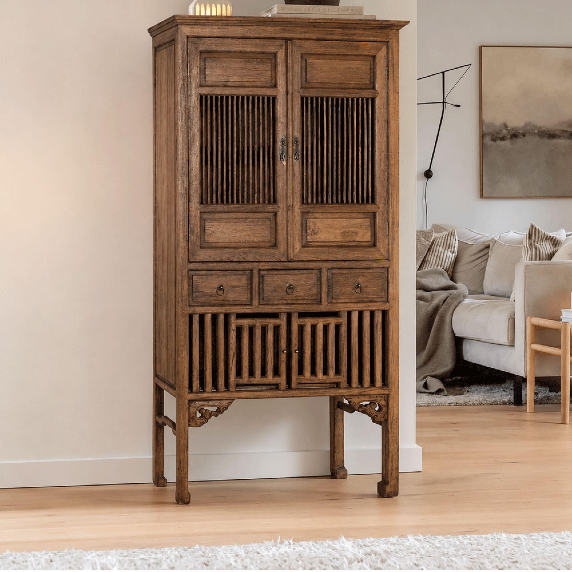 Carcassonne Walnut Teak Wood 2 Door 3 Drawer Hall Cabinet