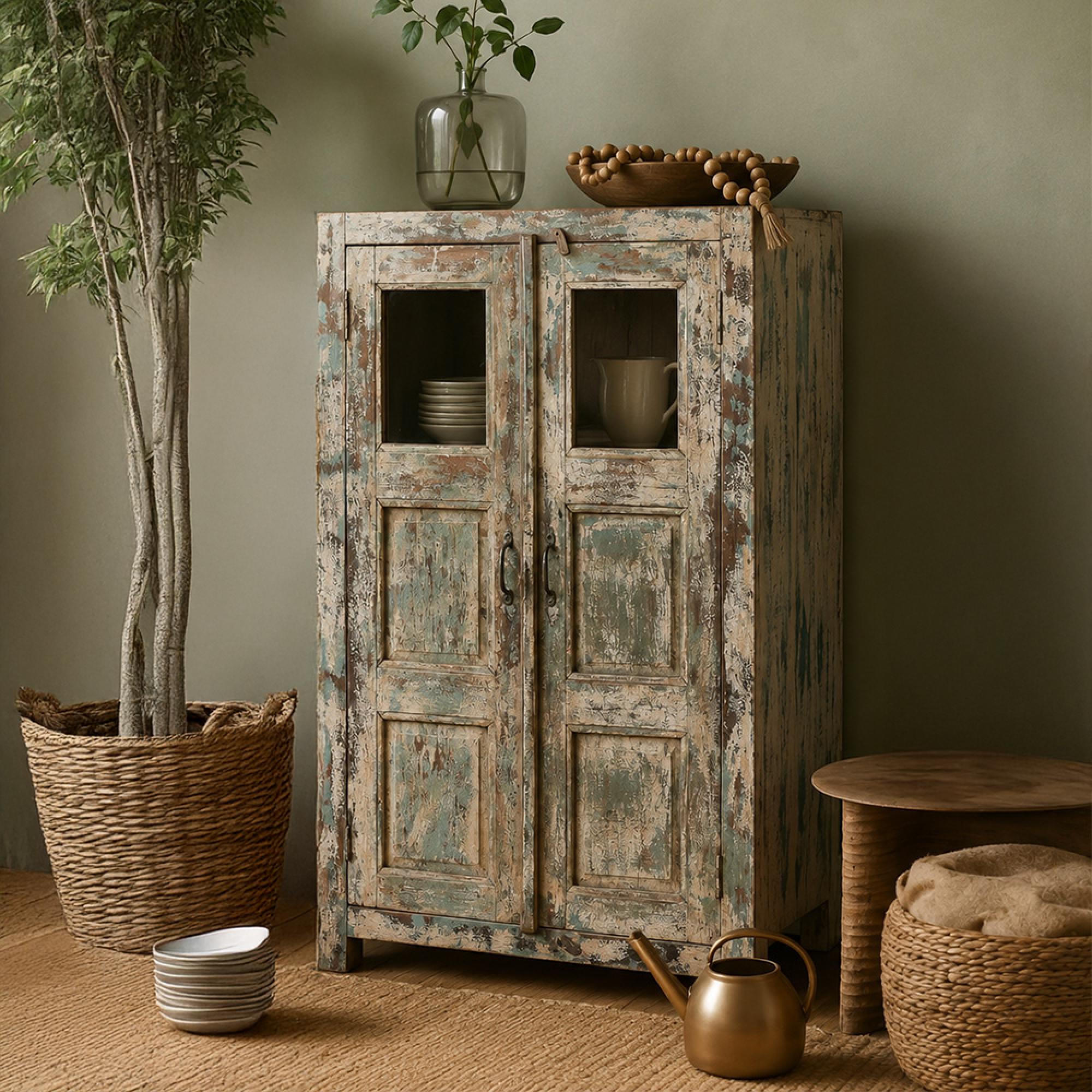 Distressed Hall Cabinet - 2 Door - Multi-Tone - Glass and Wood