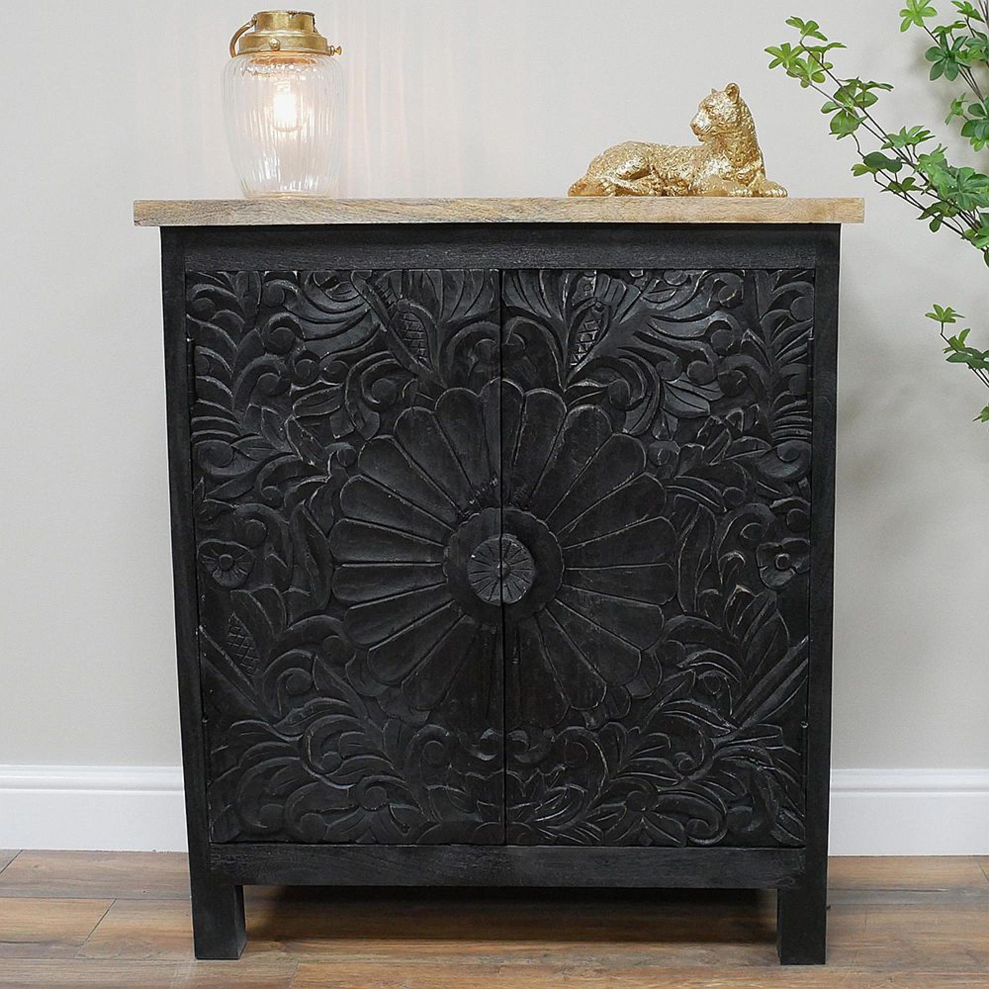 Hall Cabinet - Black - Carved Mango Wood - 2 Door