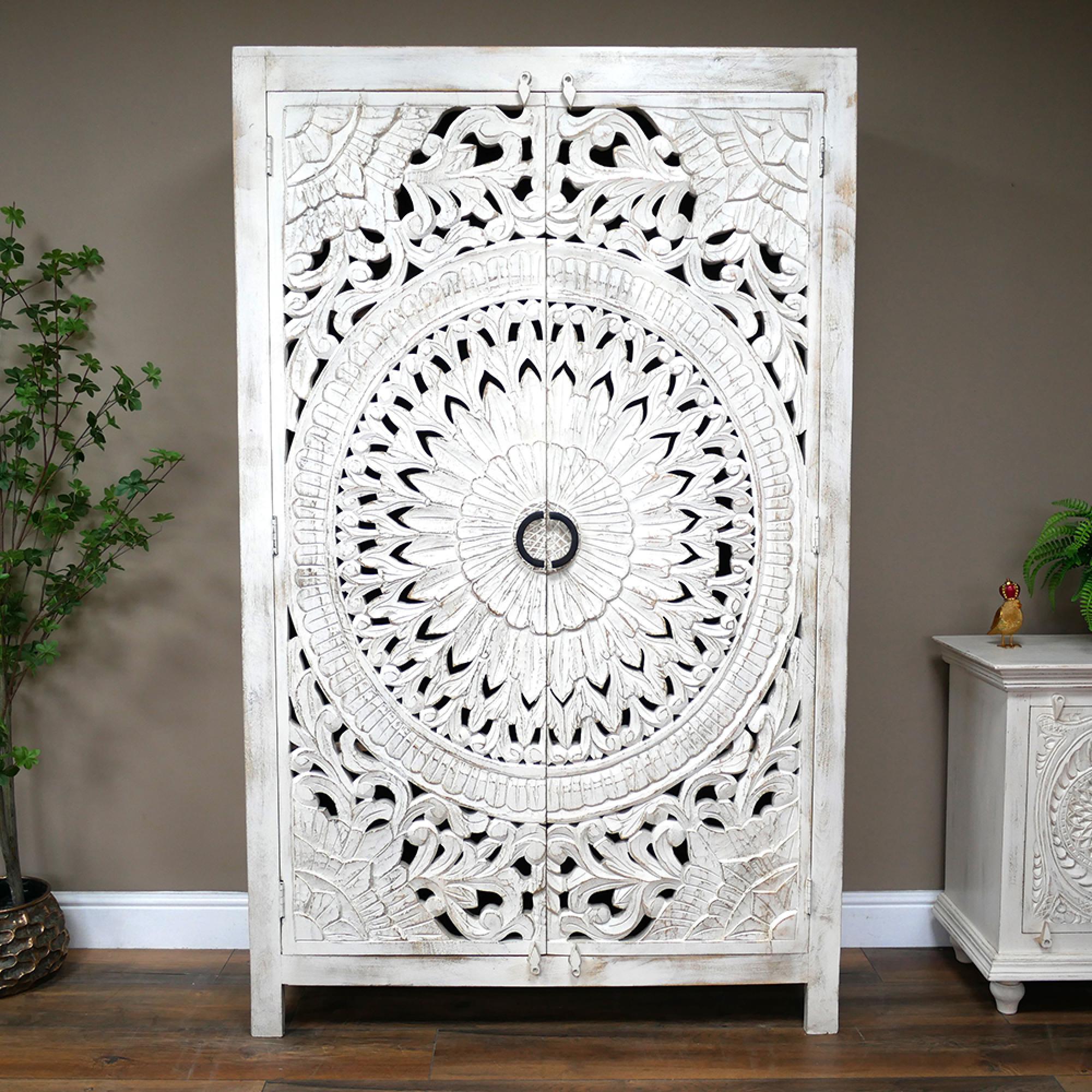 Hall Cabinet - White Washed Carved Mango Wood