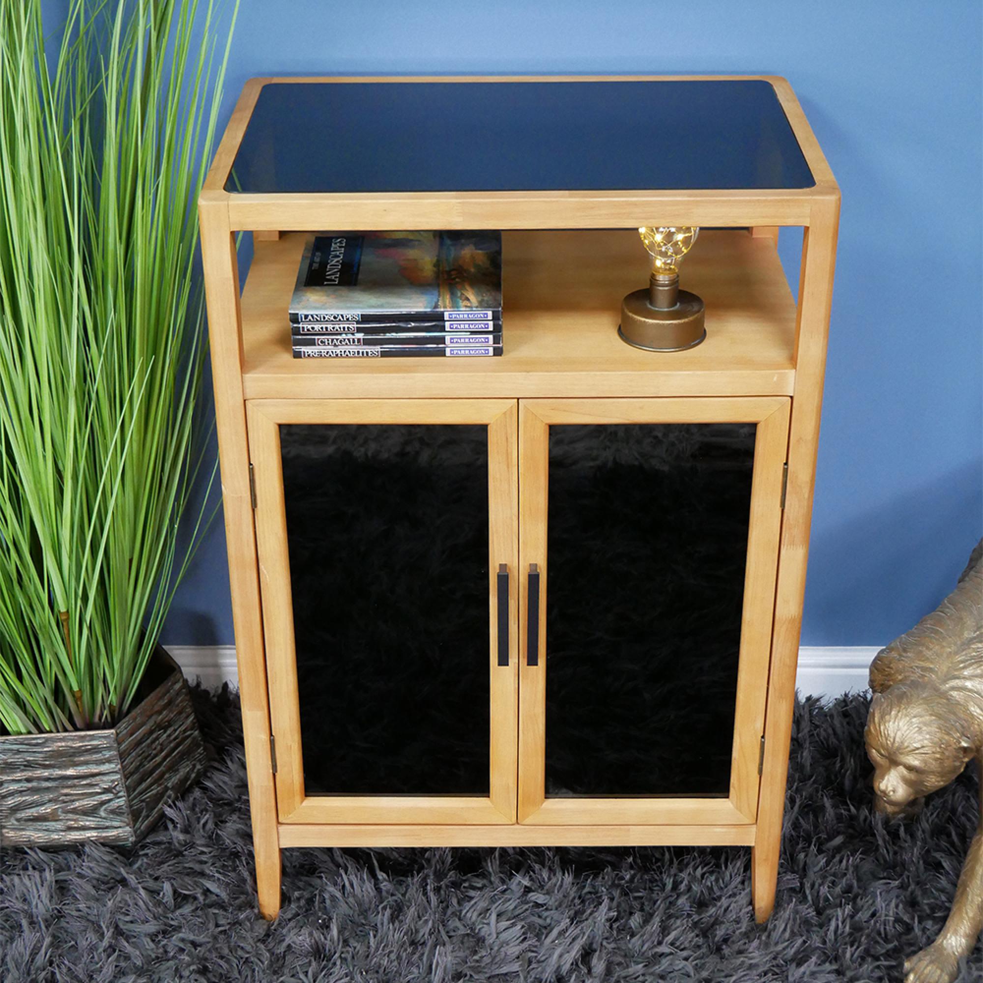 Storage Cabinet - Wood and Black Glass - 2 Door