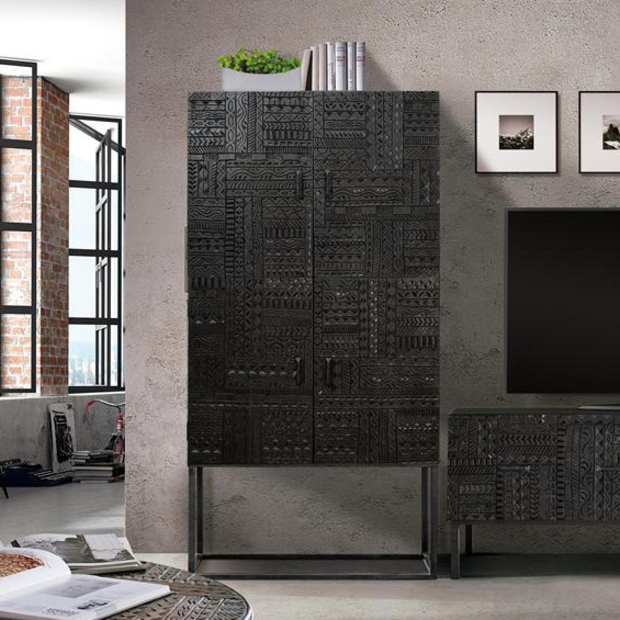 Macedonia Hall Cabinet - Carved Dark Mango Wood - 4 Door