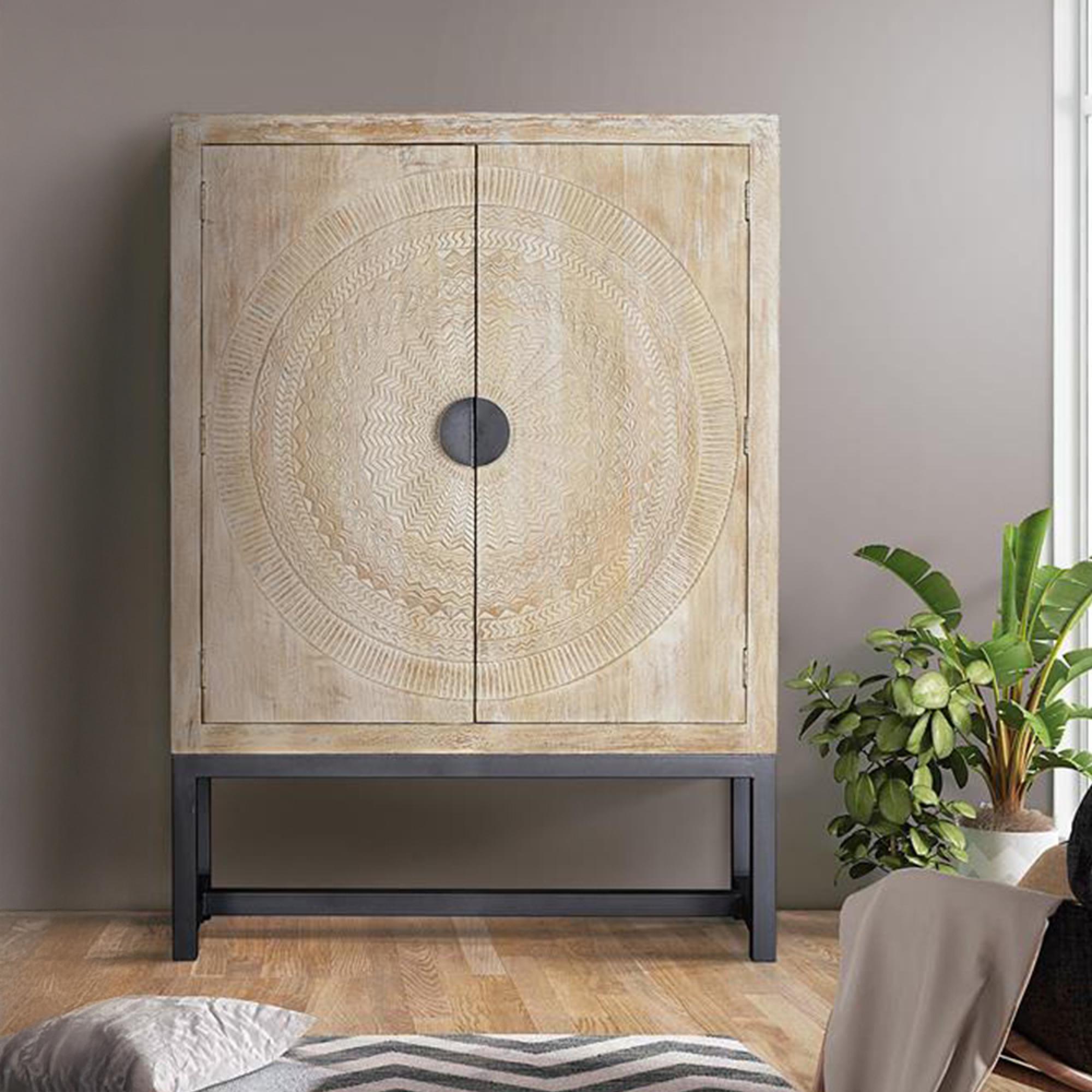 Nadia Hall Cabinet - White Washed - Carved Mango Wood - 2 Door