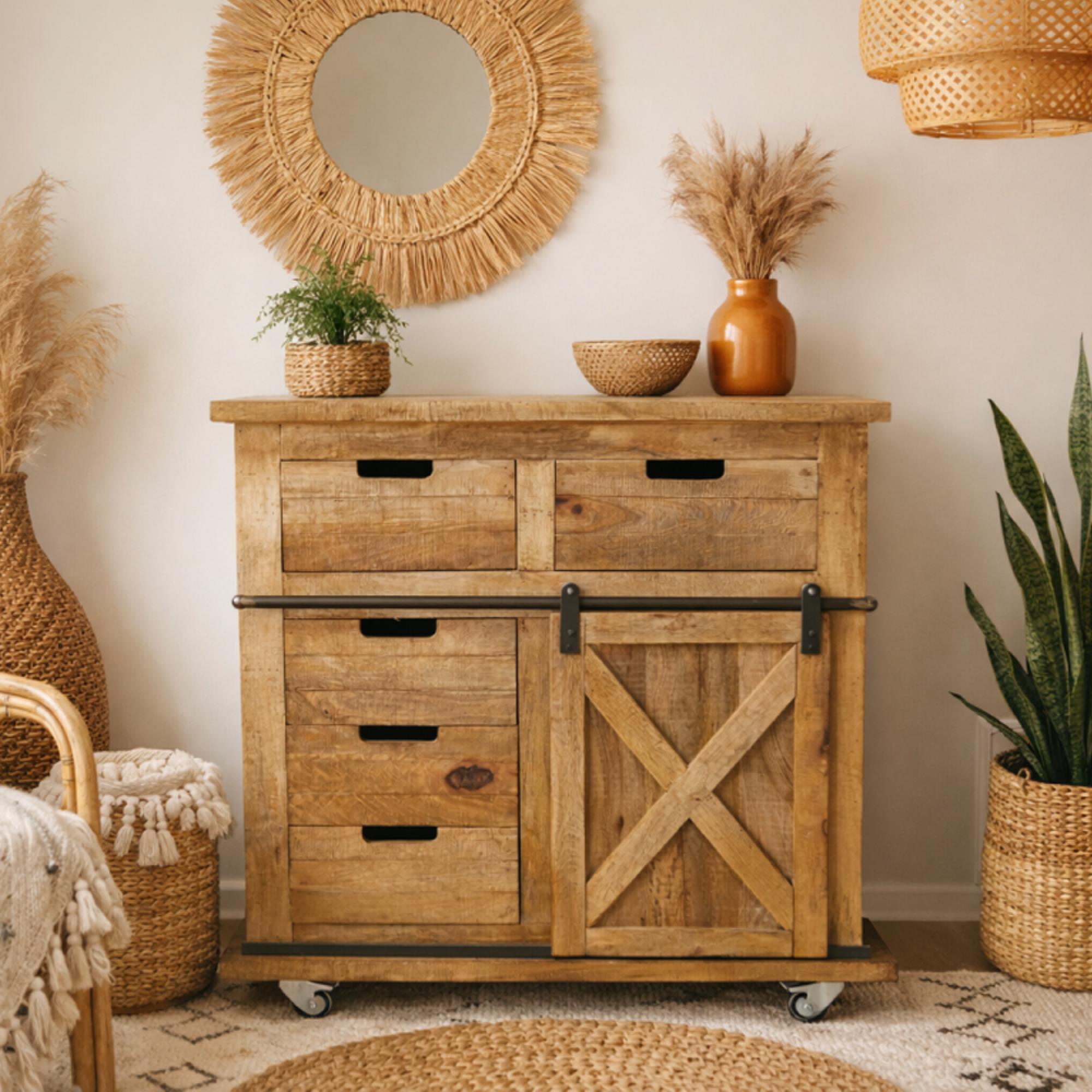 Sliding Door Cabinet - Industrial - Rustic Mango Wood