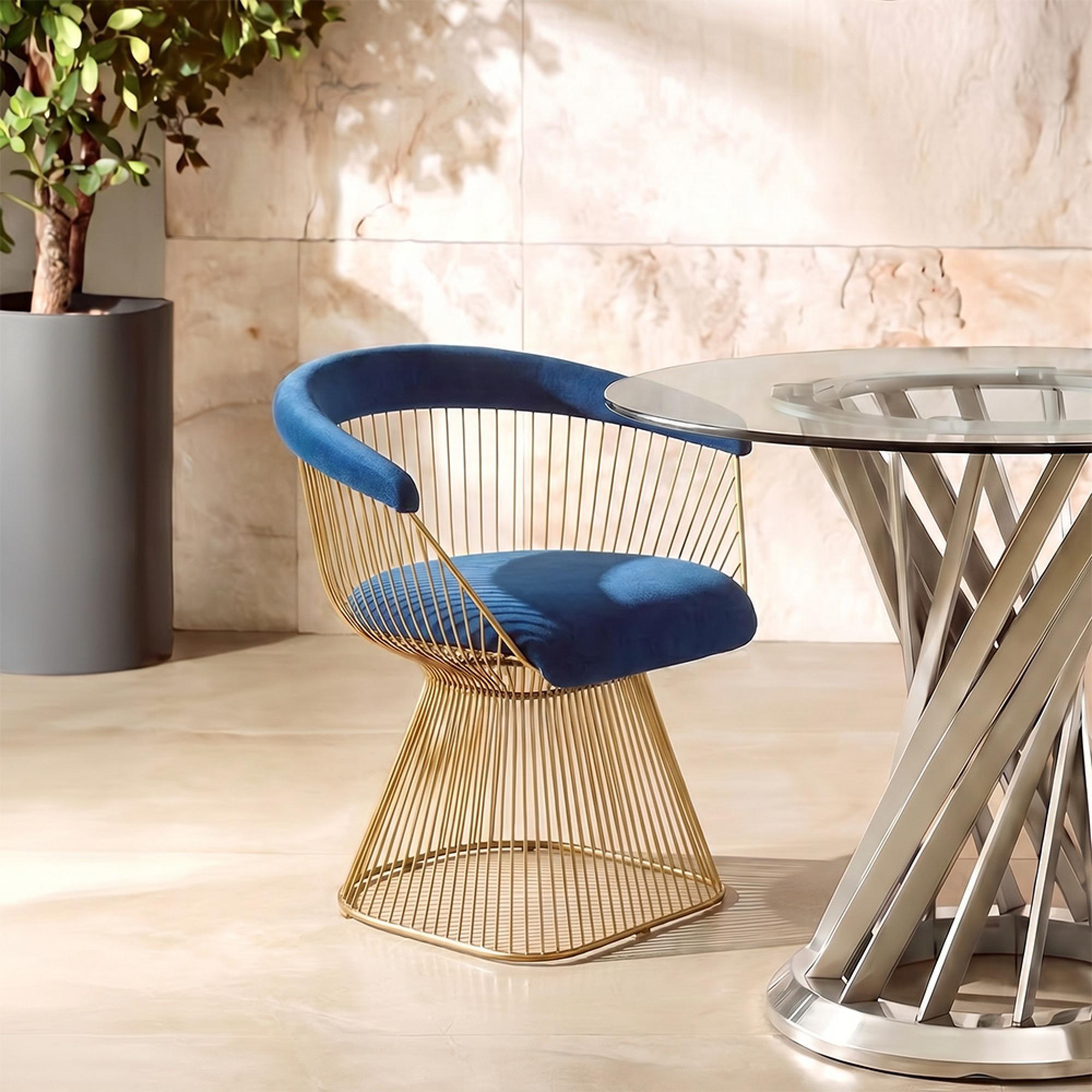 Anzio Chair - Navy Blue Velvet Fabric with Brushed Gold Base