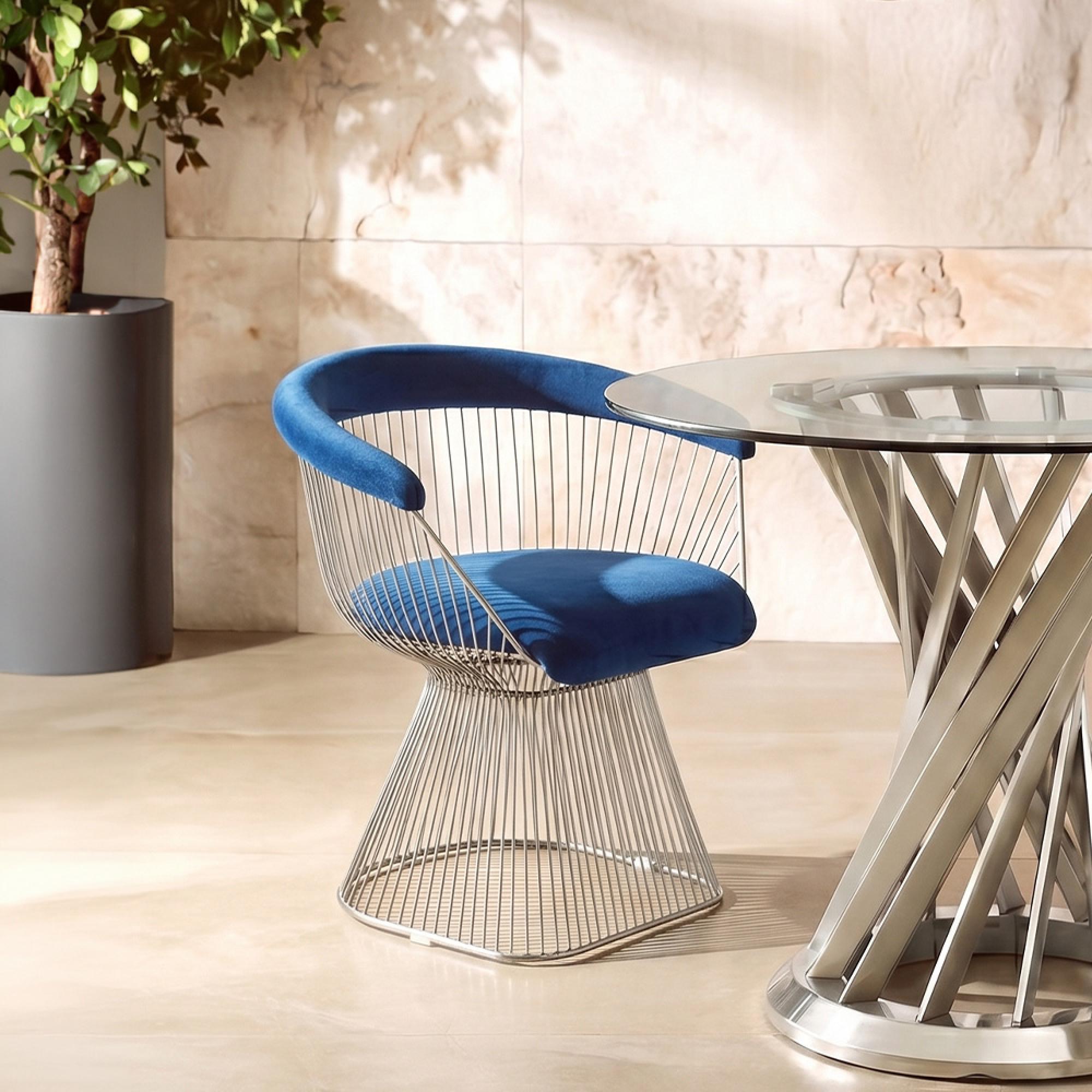 Anzio Chair - Navy Blue Velvet Fabric with Brushed Silver Base