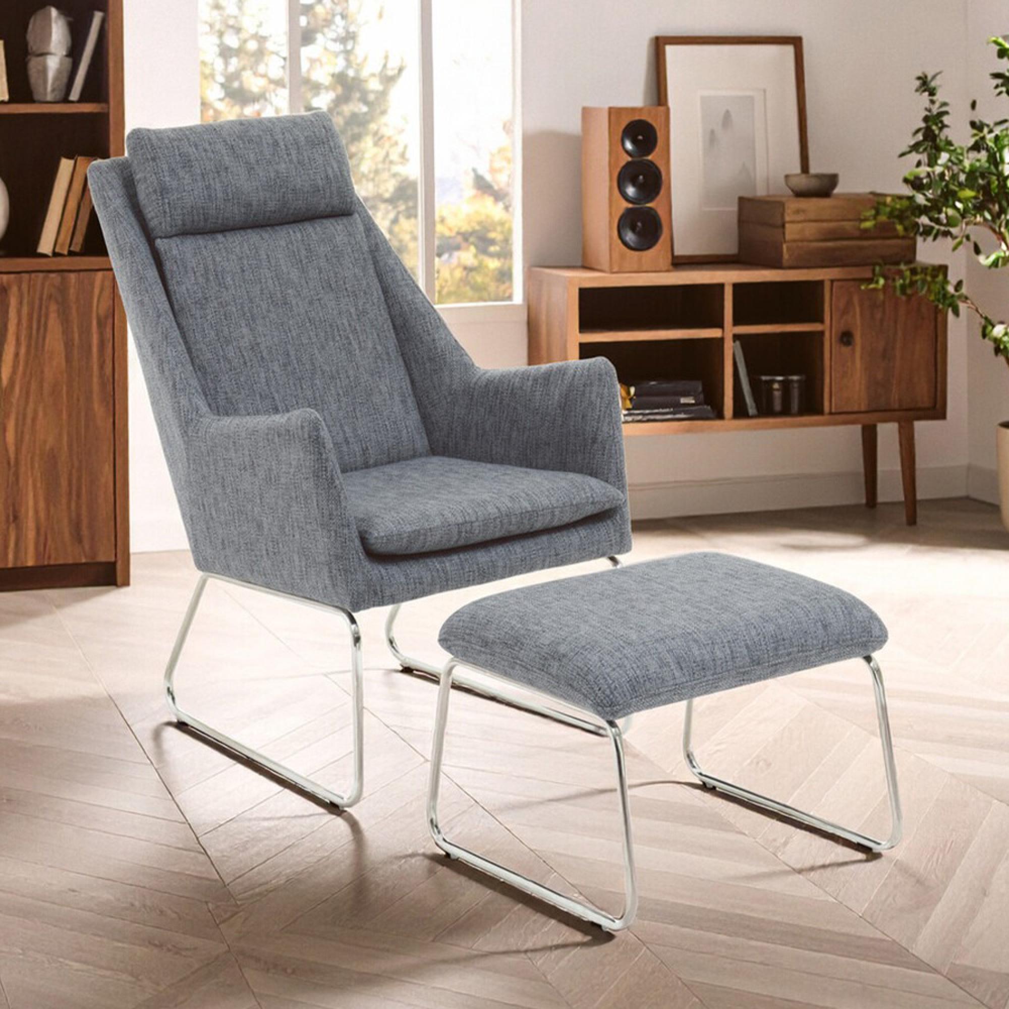 Azalea Lounge Chair - Grey Fabric with Footstool