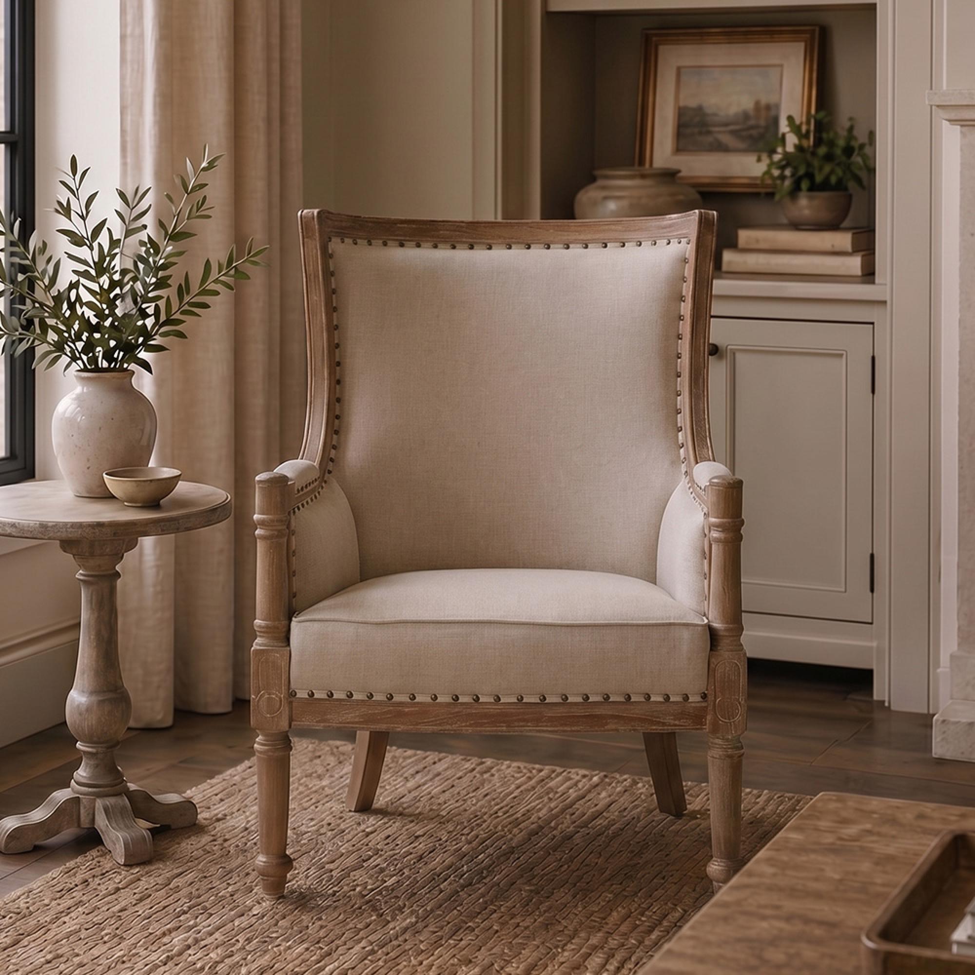 Cabra Armchair - Cream Fabric with Mahogany Wood Frame