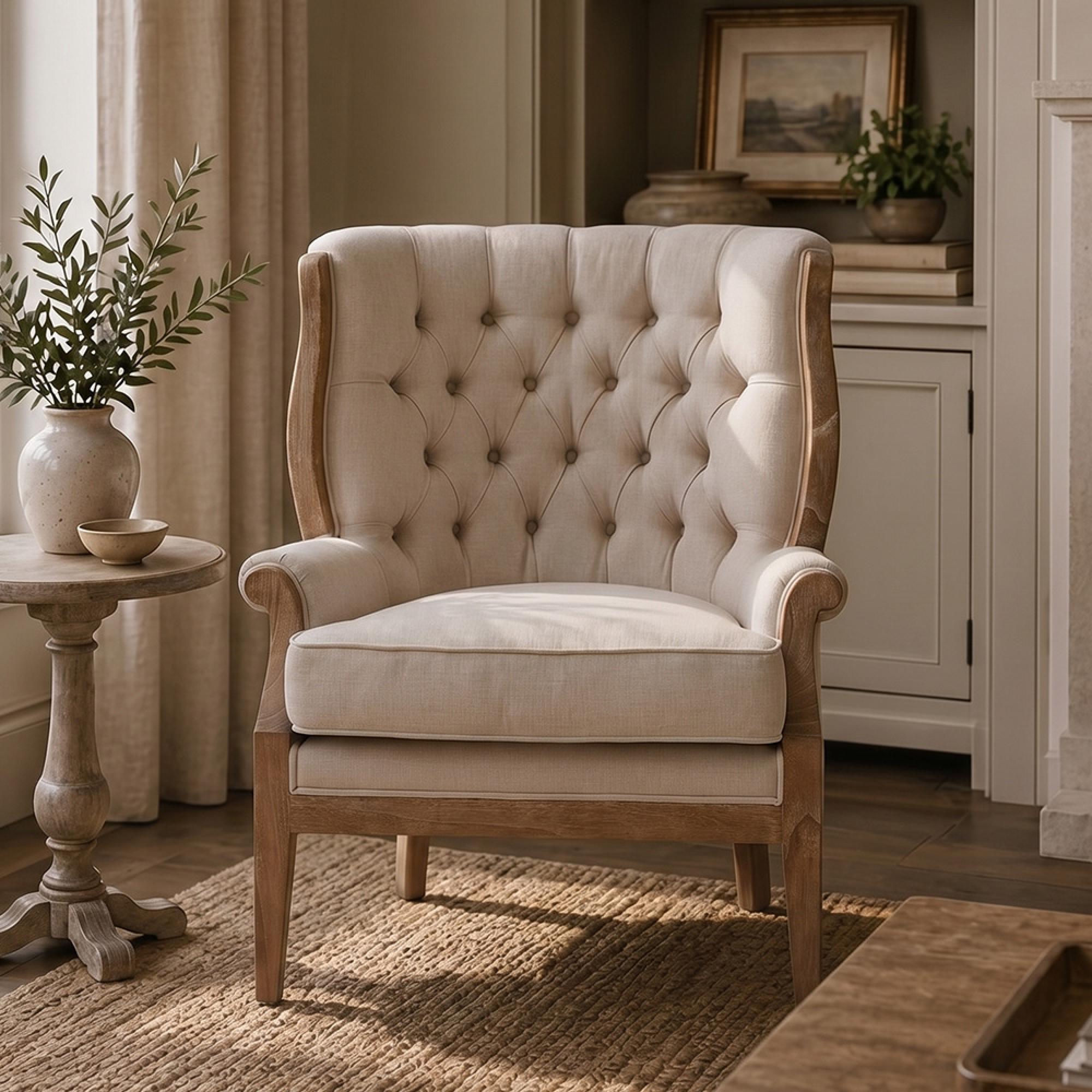 Cabra Armchair - Cream Fabric with Mahogany Wood