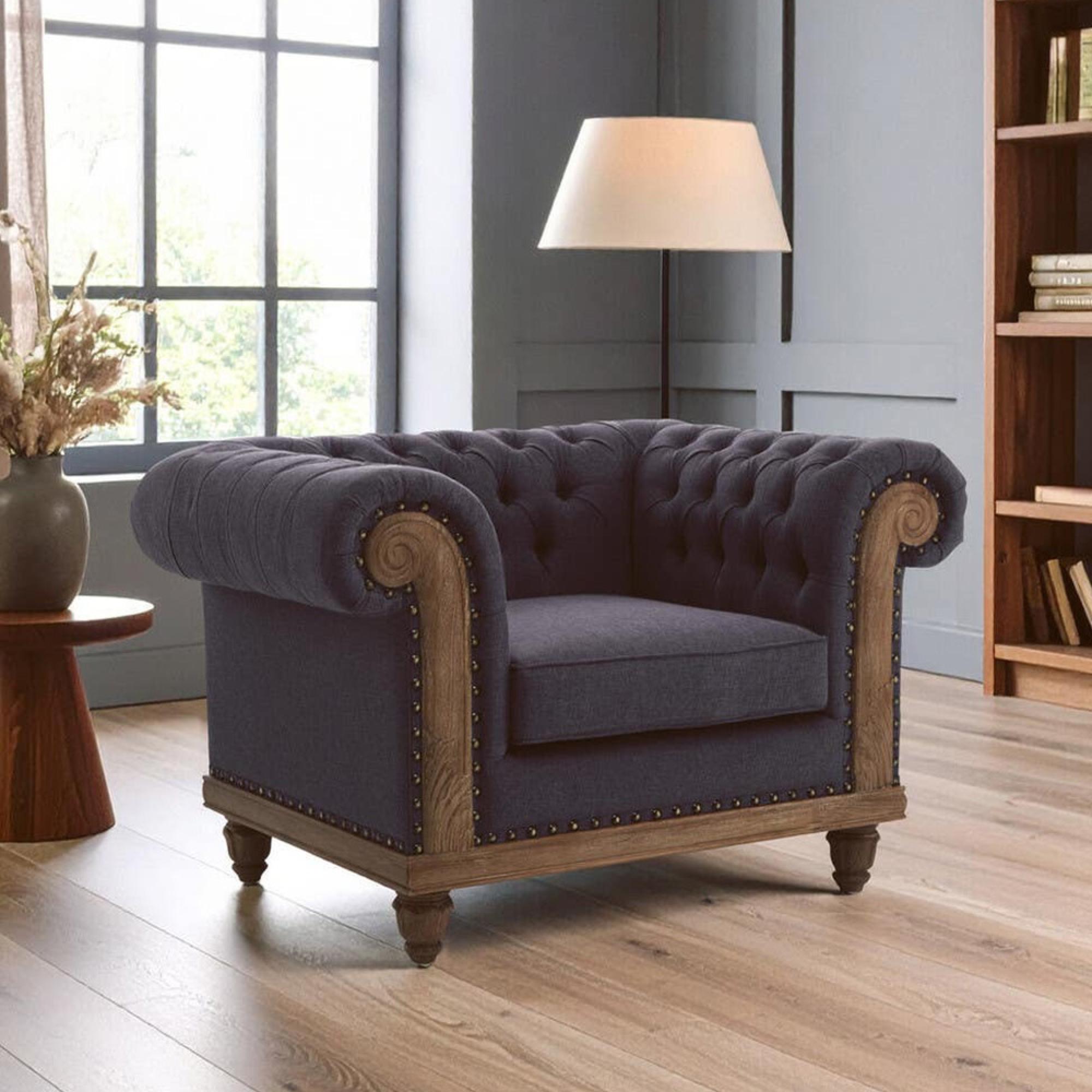 Cabra Chesterfield Armchair - Graphite Grey Fabric with Mahogany Wood