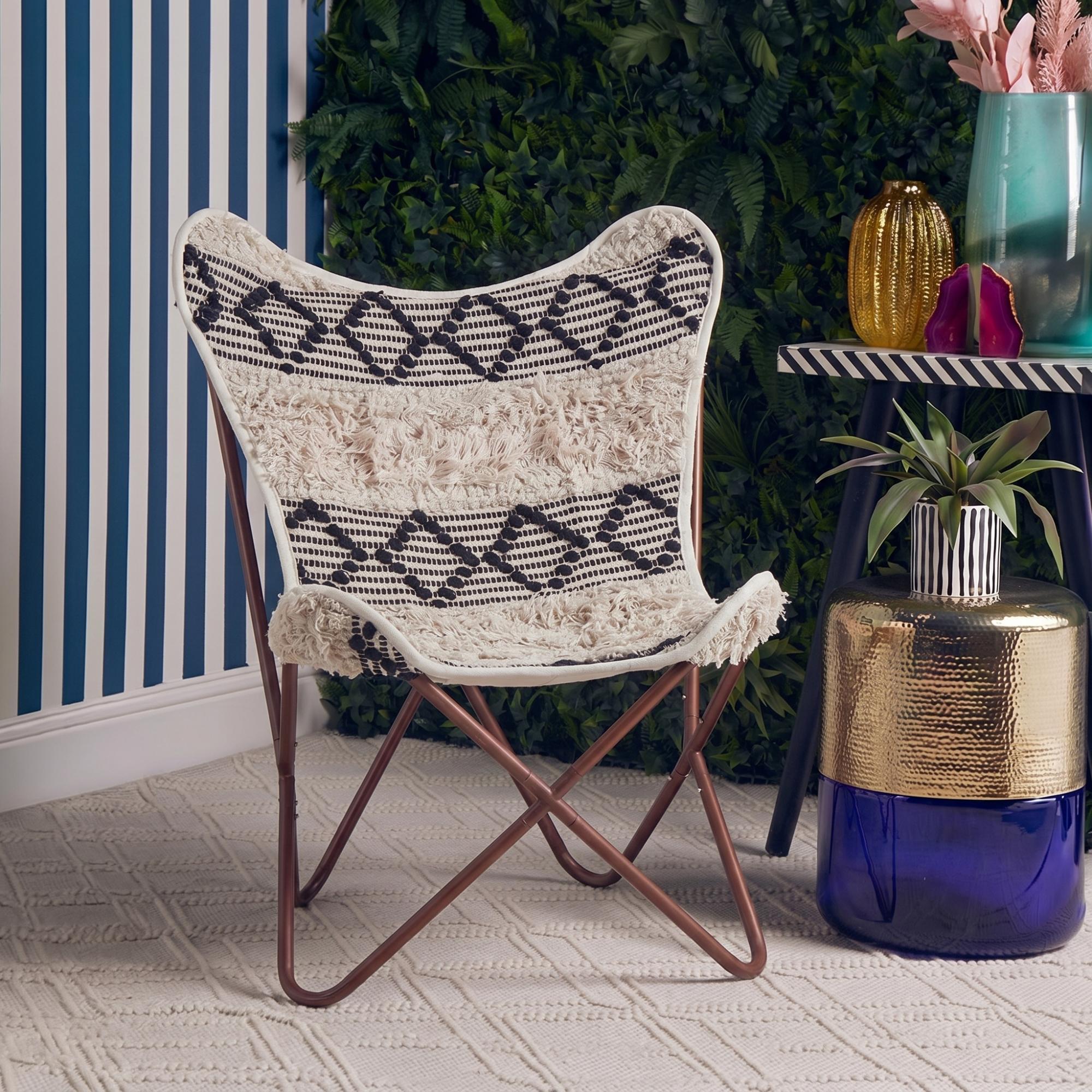 Cefena Butterfly Chair - White and Black Fabric with Rose Gold