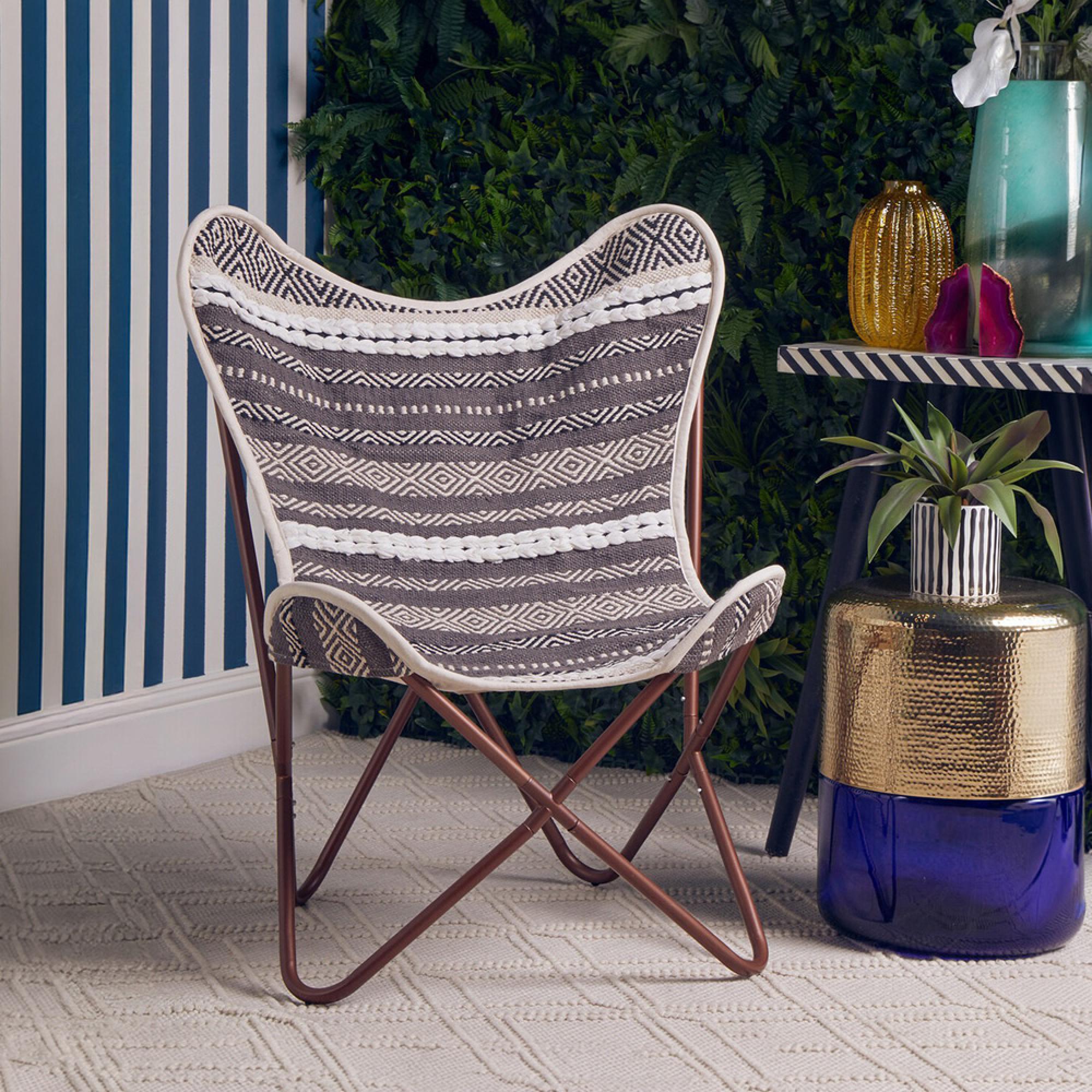 Cefena Butterfly Chair - White and Grey Fabric with Rose Gold