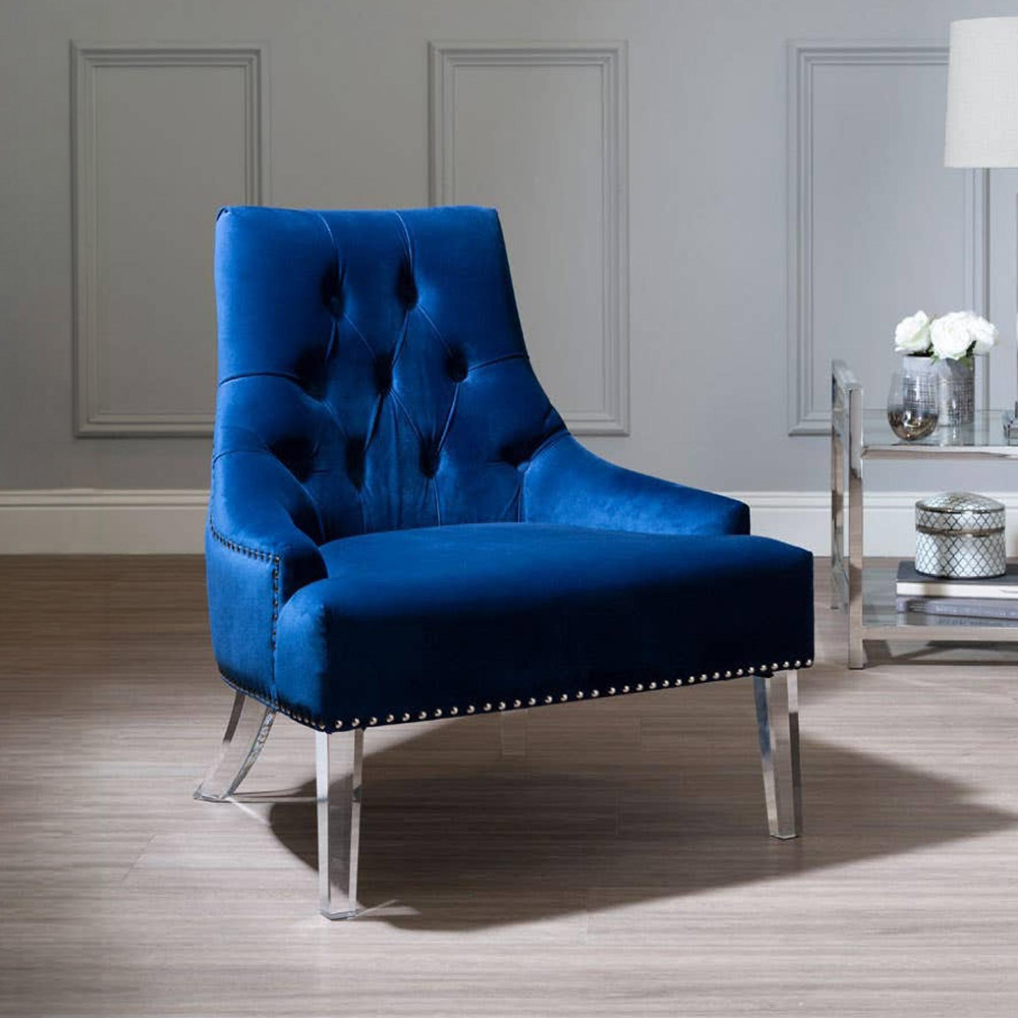 Clarence Chair - Blue Velvet Fabric - with Button Tufted Design