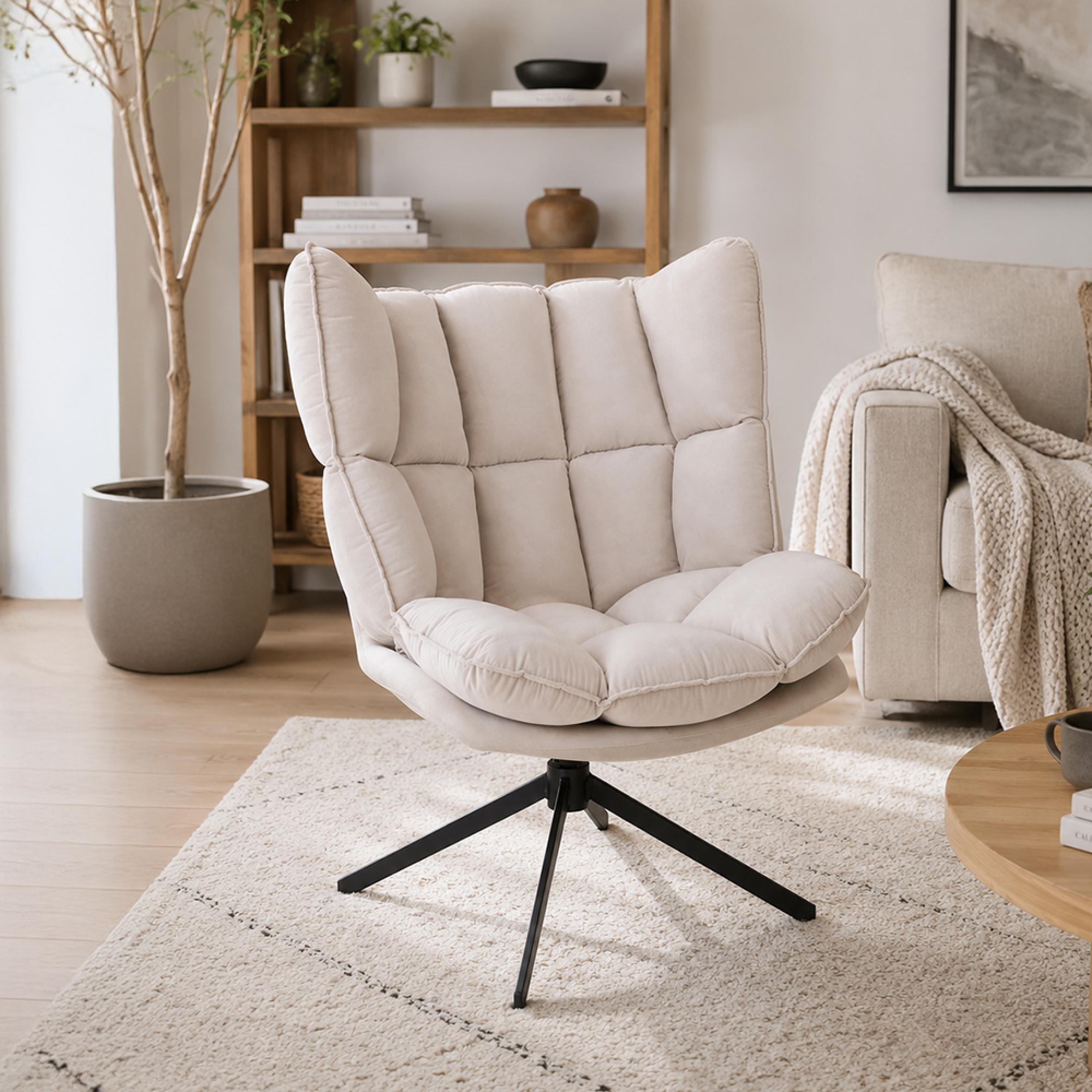 Swivel Relax Chair - Beige and Black - Fabric and Metal