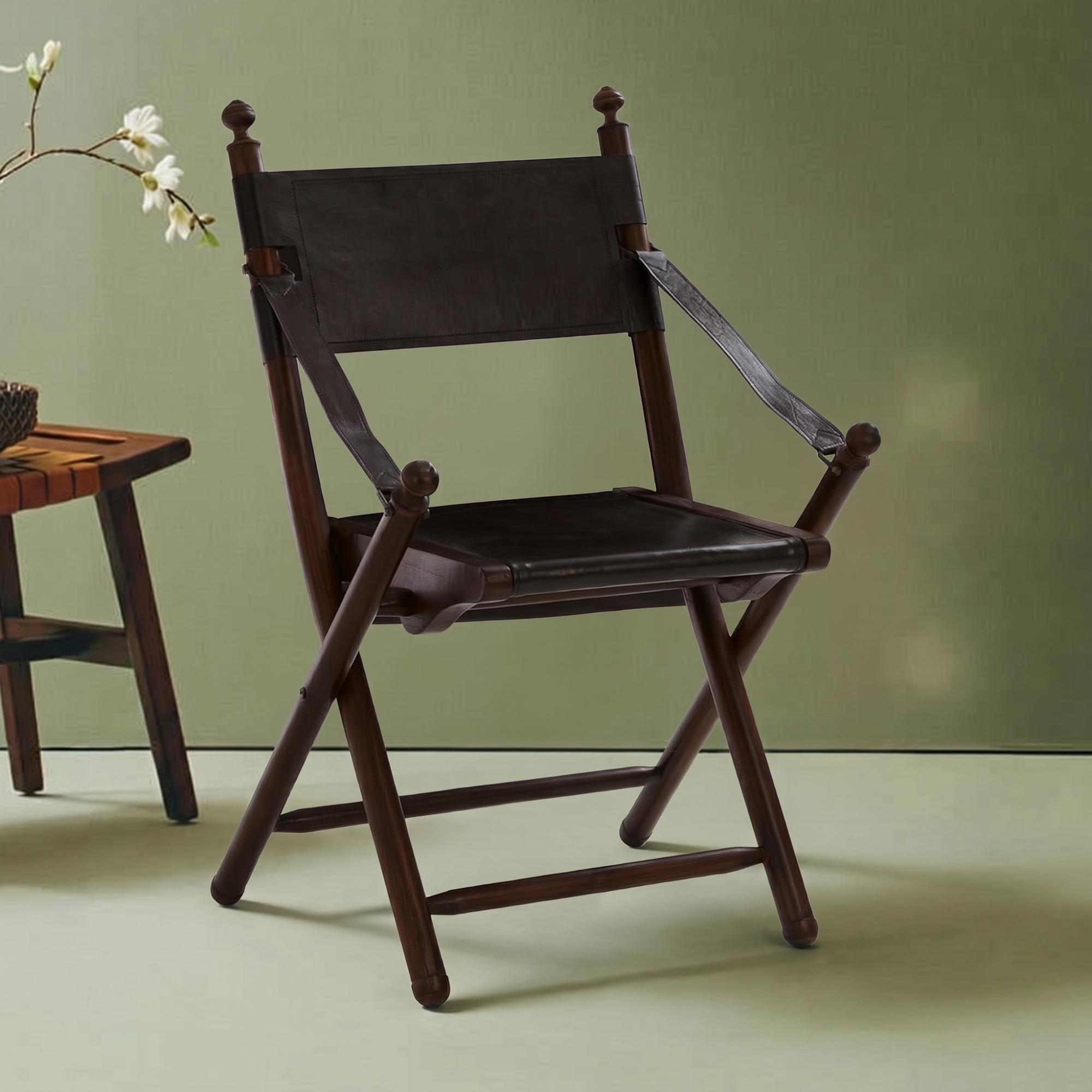 Inca Chair - Black Leather with Teak Wood - Folding