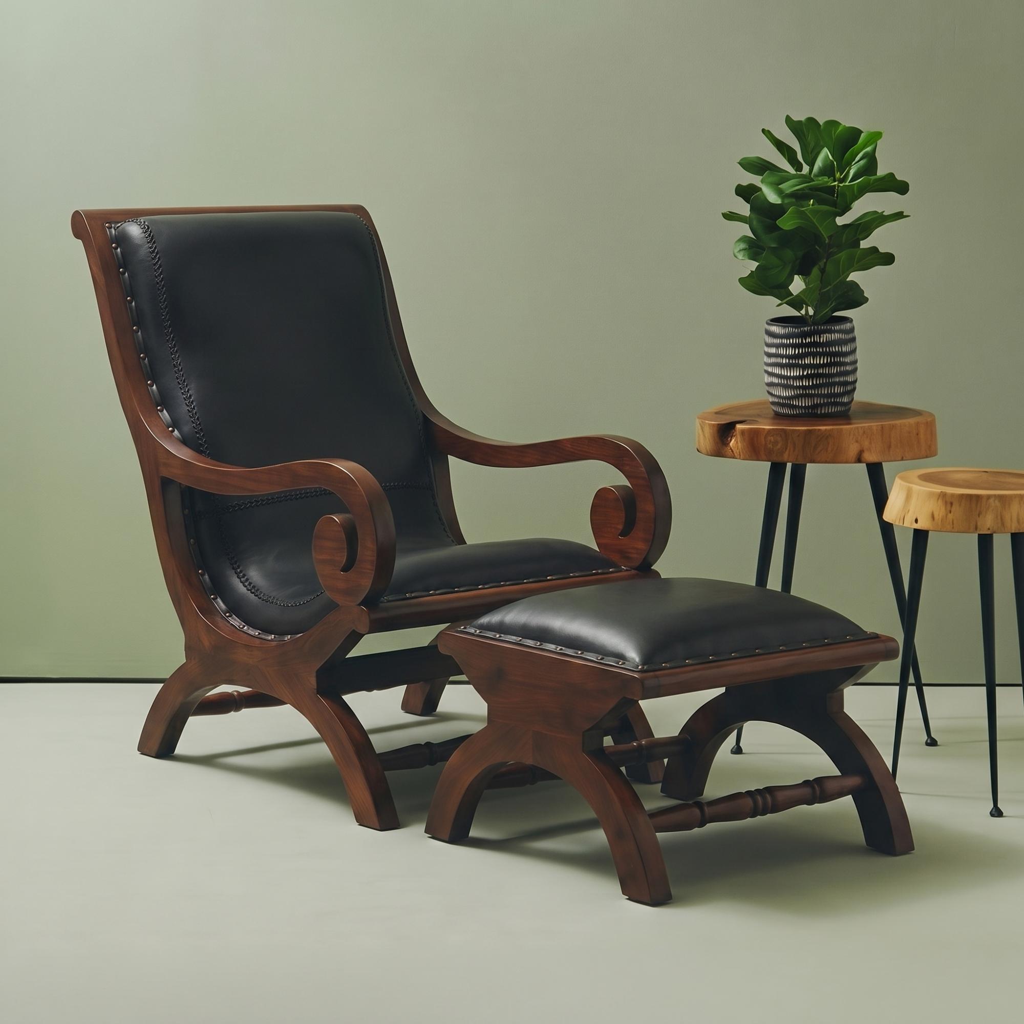 Inca Chair - Black Leather with Teak Wood - Lounge with Footstool