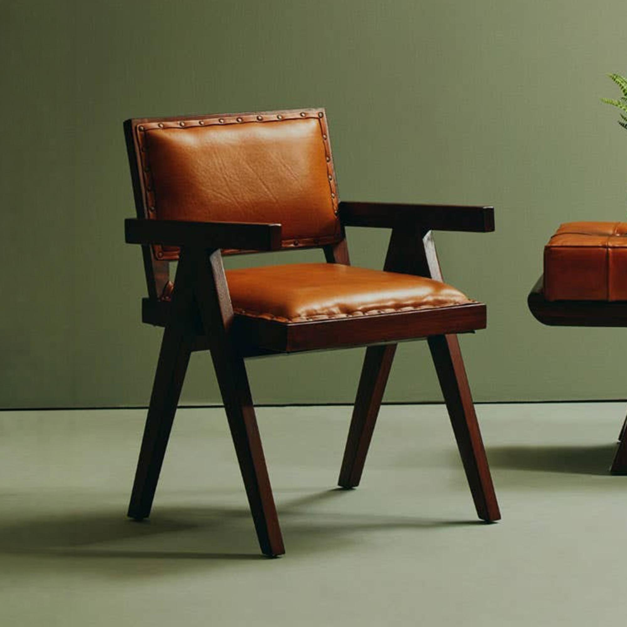 Inca Chair - Brown Leather with Teak Wood - Small Angular