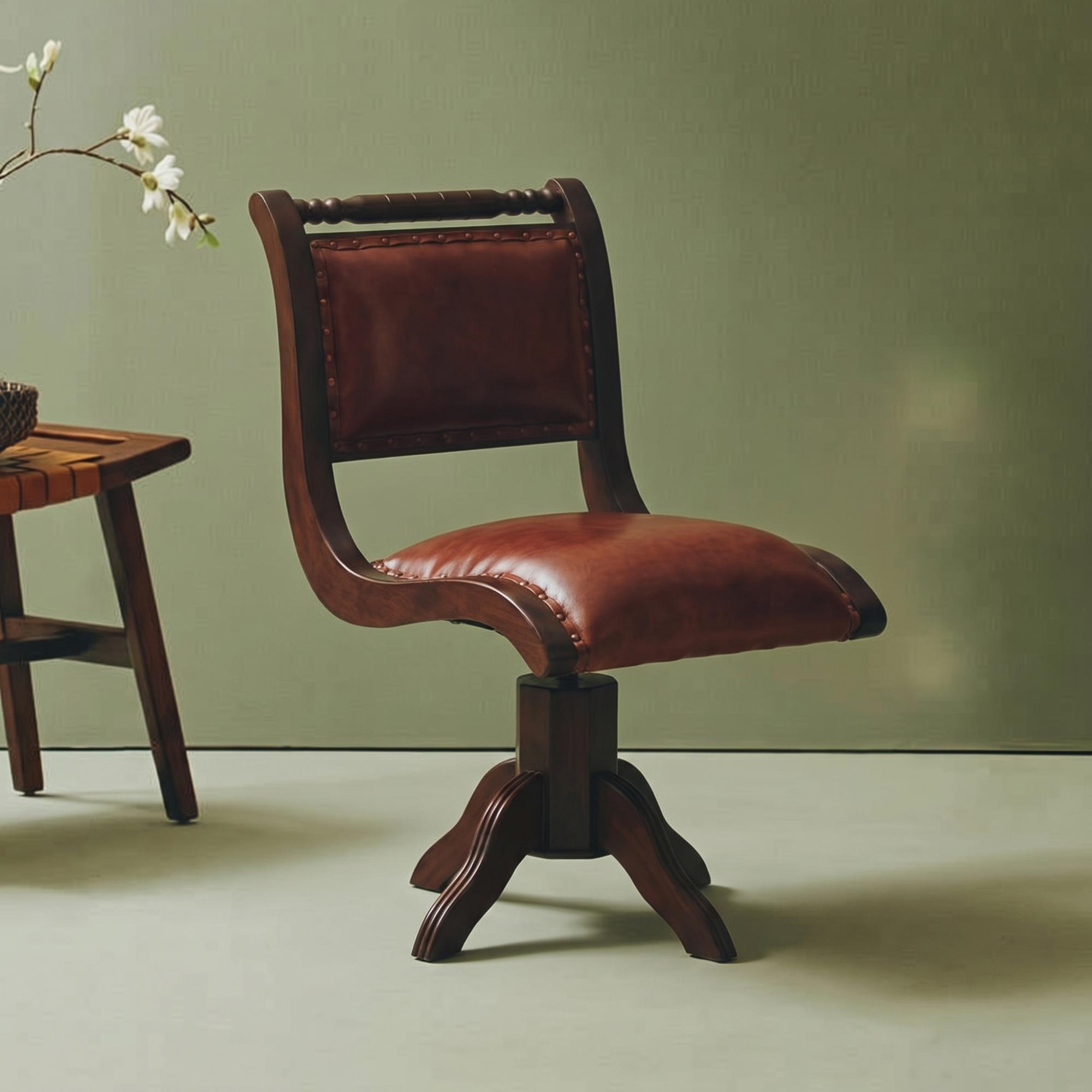 Inca Chair - Brown Leather with Teak Wood - Swivel