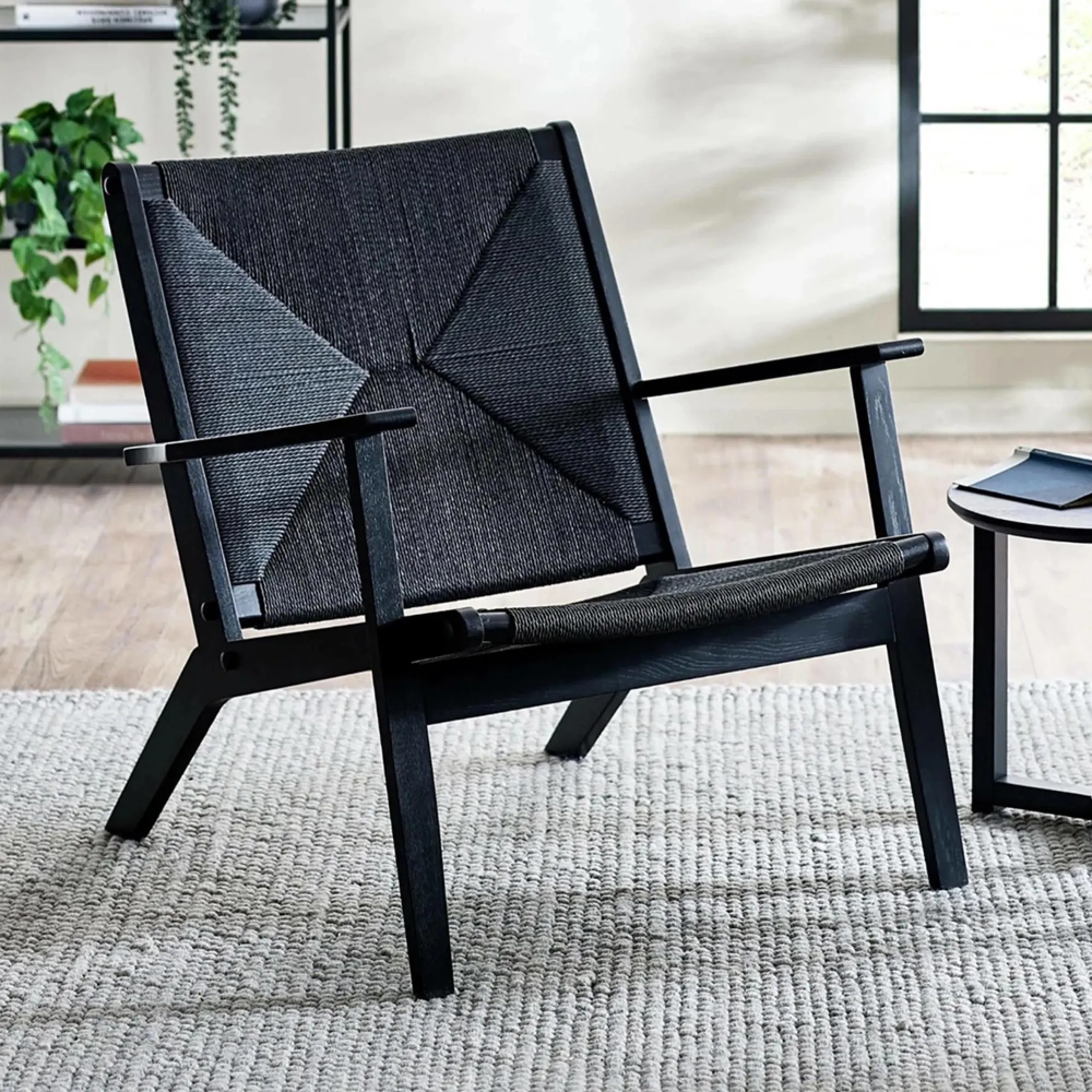 Icaria Accent Armchair - Black - Oak and Woven Rope