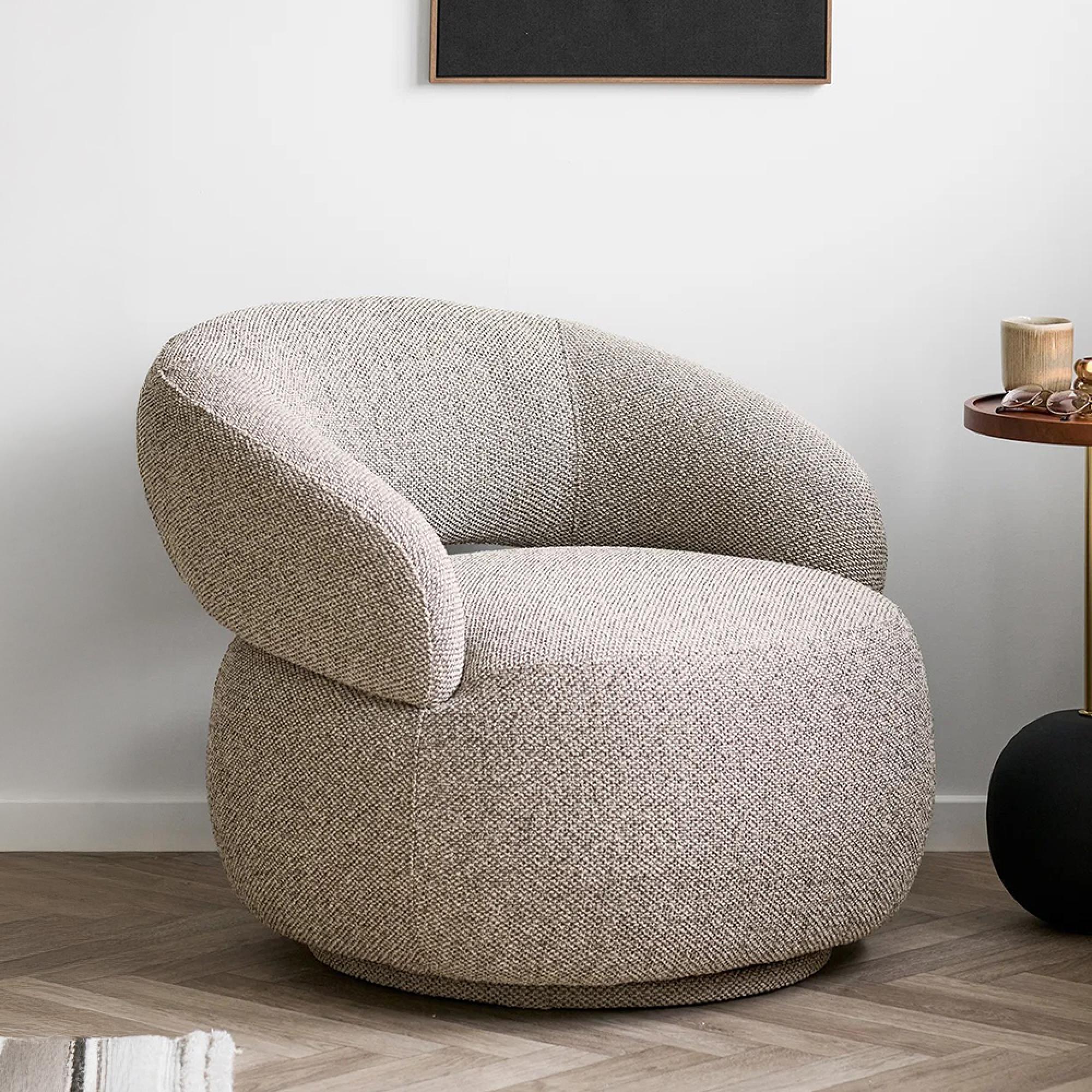 Sion Swivel Lounge Armchair - Curved Back - Beige - Fabric