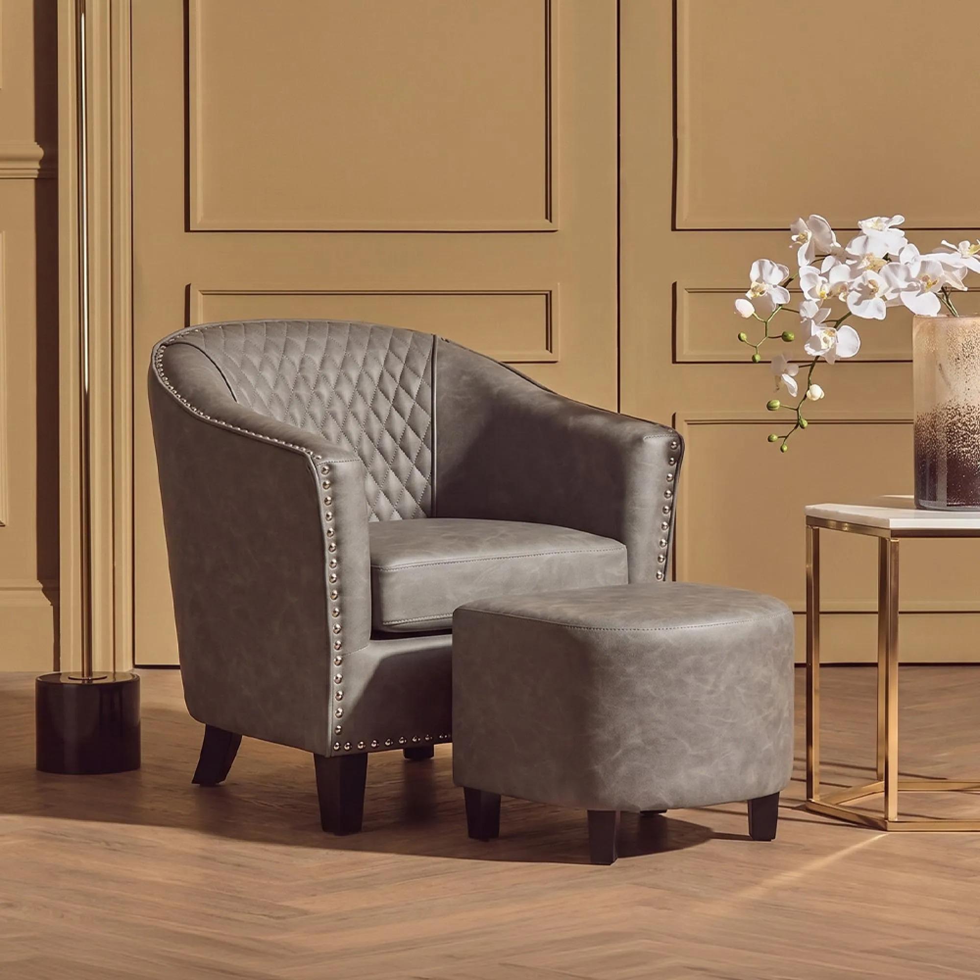 Derby Armchair - Grey Faux Leather with Footstool