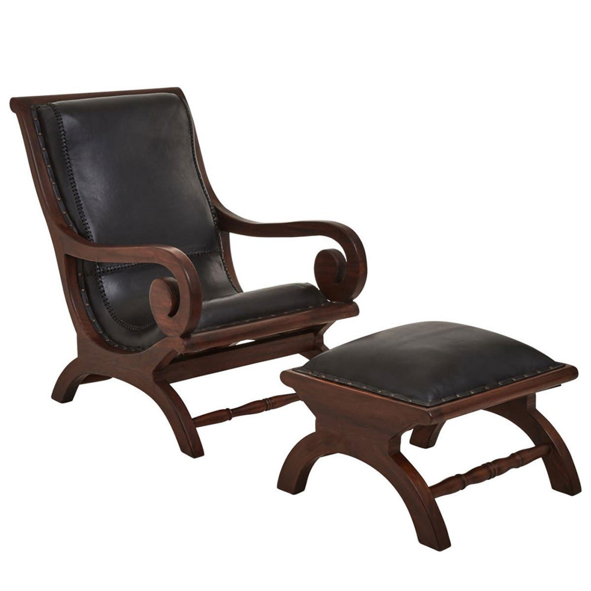 Inca Chair - Black Leather with Teak Wood - Lounge with Footstool