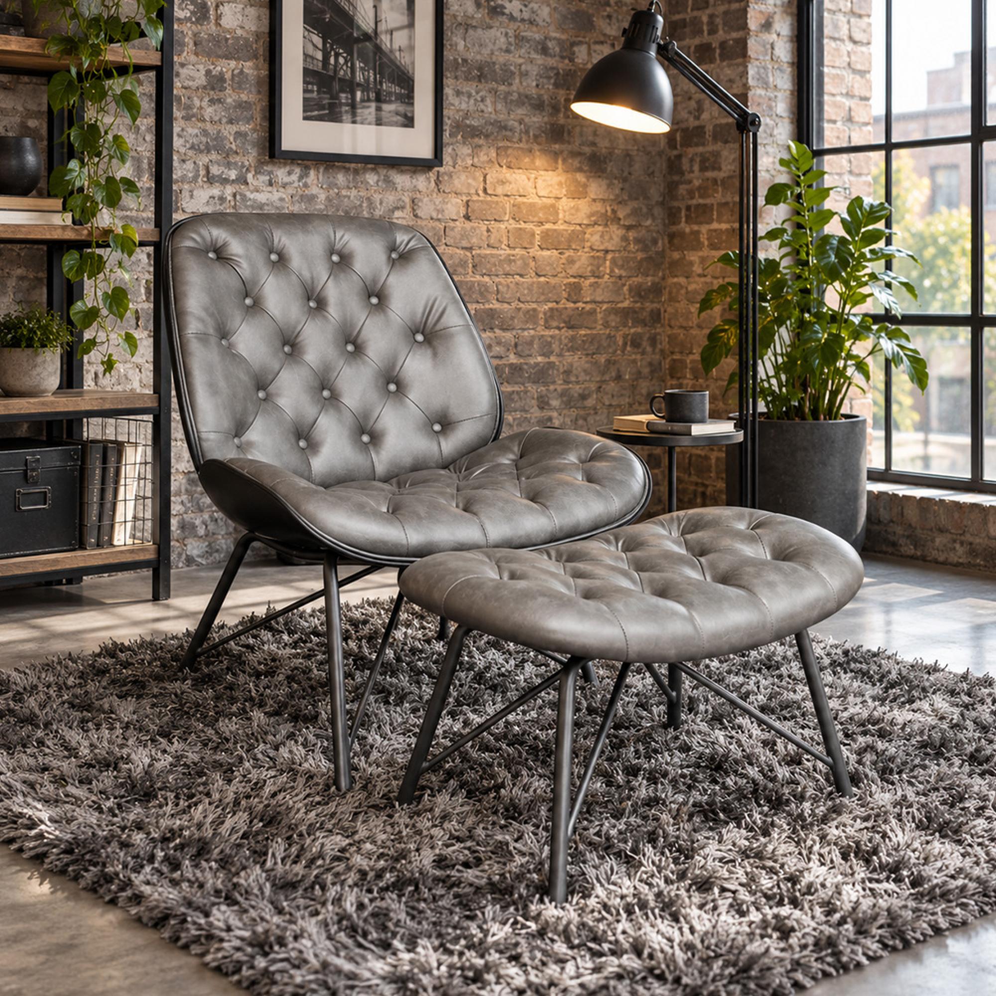 Lazy Chair with Footstool - Dark Grey Faux Leather