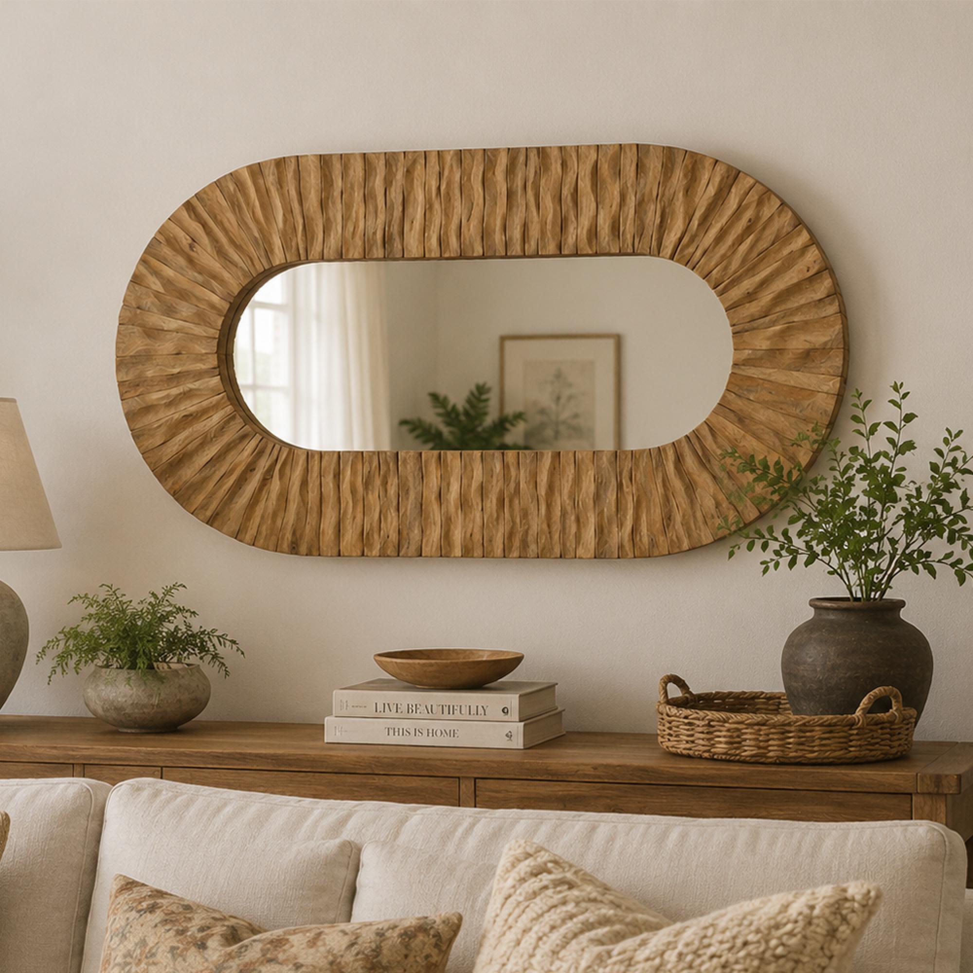 Curved Wall Mirror - Waved Desgin - Oval - Natural - Wood - 152cm x 92cm