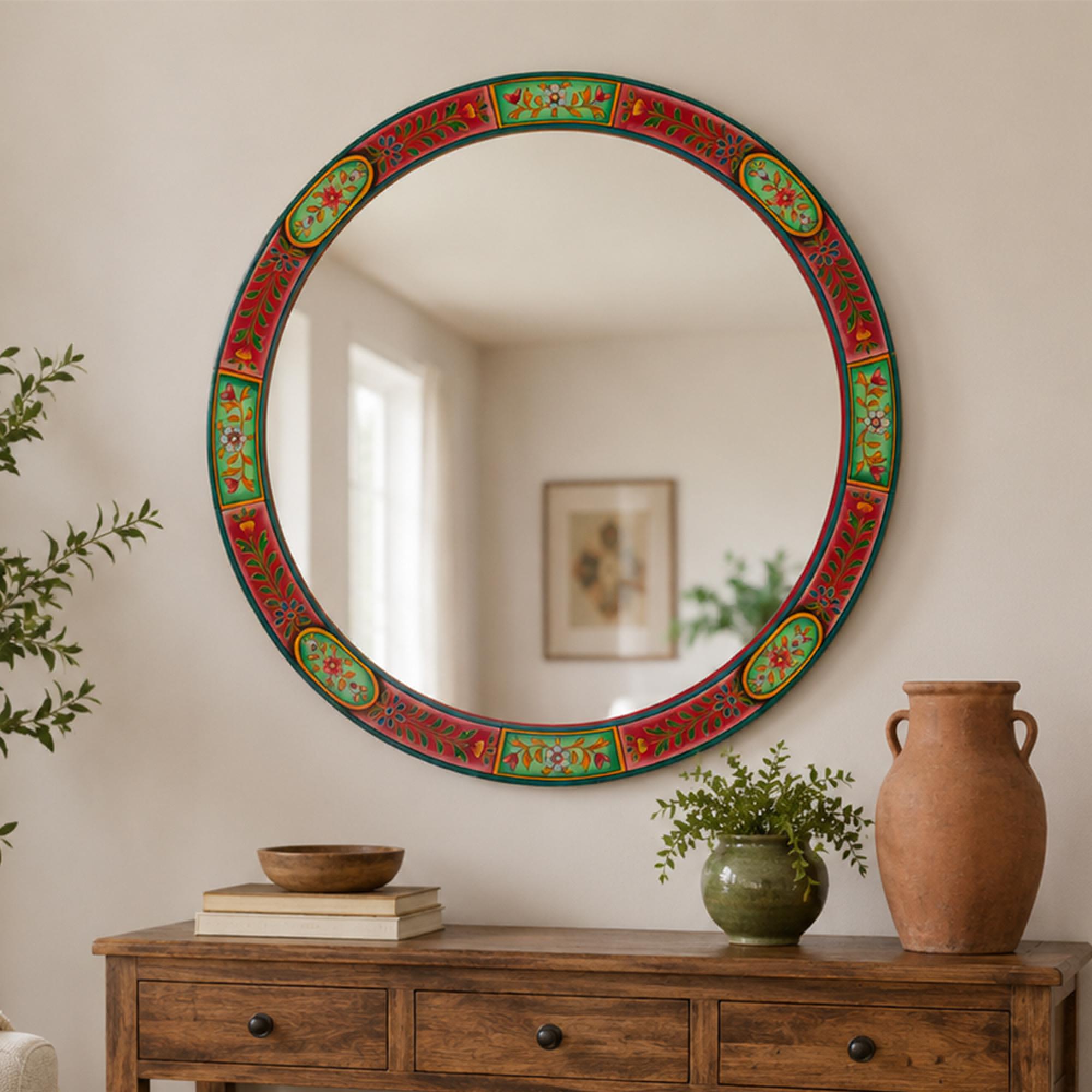 Mumbai Painted Wall Mirror - Round - Multi Coloured - Wood - 75cm x 3cm