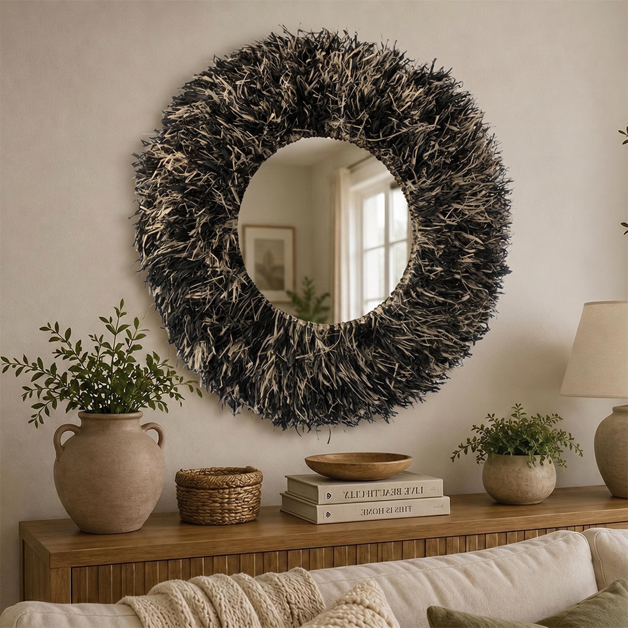 Sisal Wall Mirror - Round - Black and White - 115cm x 17cm