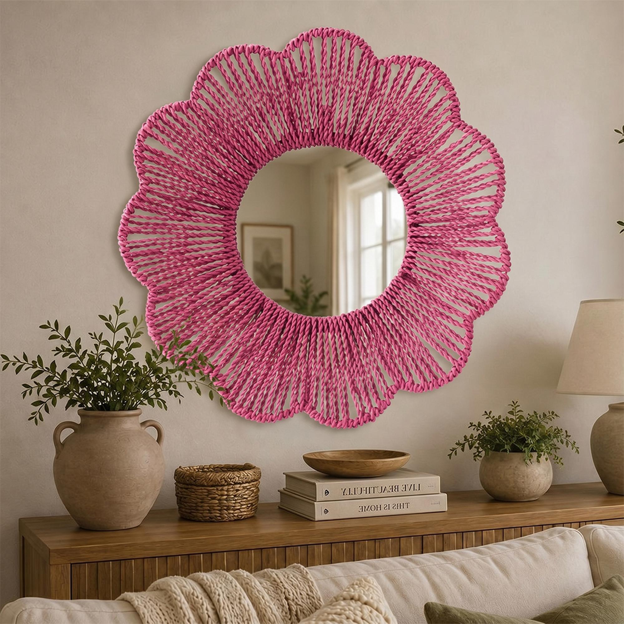 Wall Mirror - Round - Dark Pink - Raffia - 50cm x 10cm