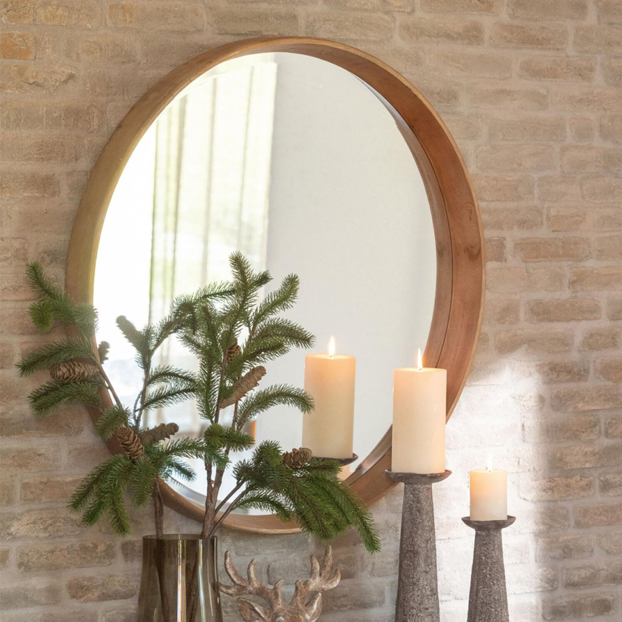 Wall Mirror - Round - Light Beige - Fir Wood - 91cm x 8cm