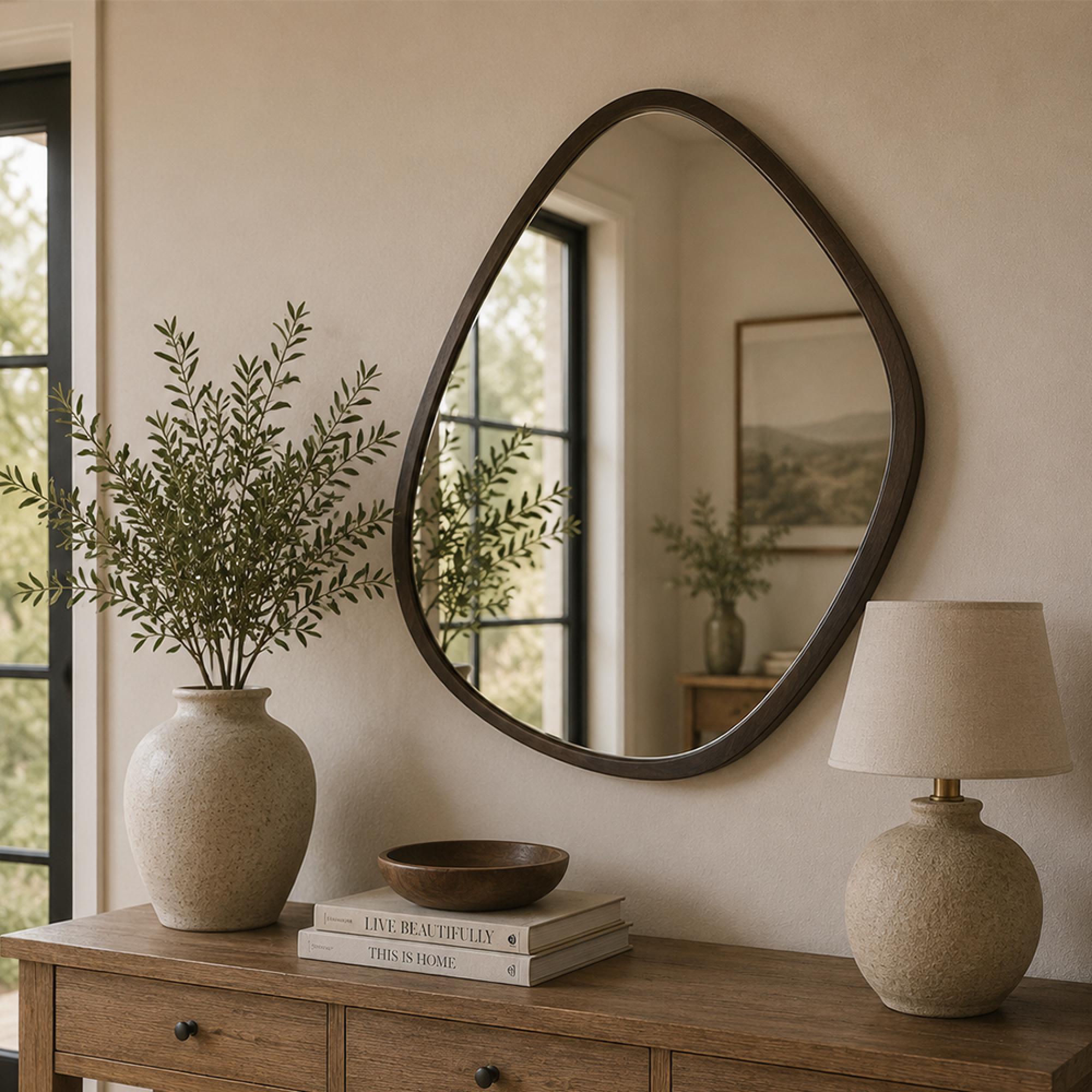 Hanging Wall Mirror - Abstract - Small - Dark Brown - Wood - 70cm x 61cm