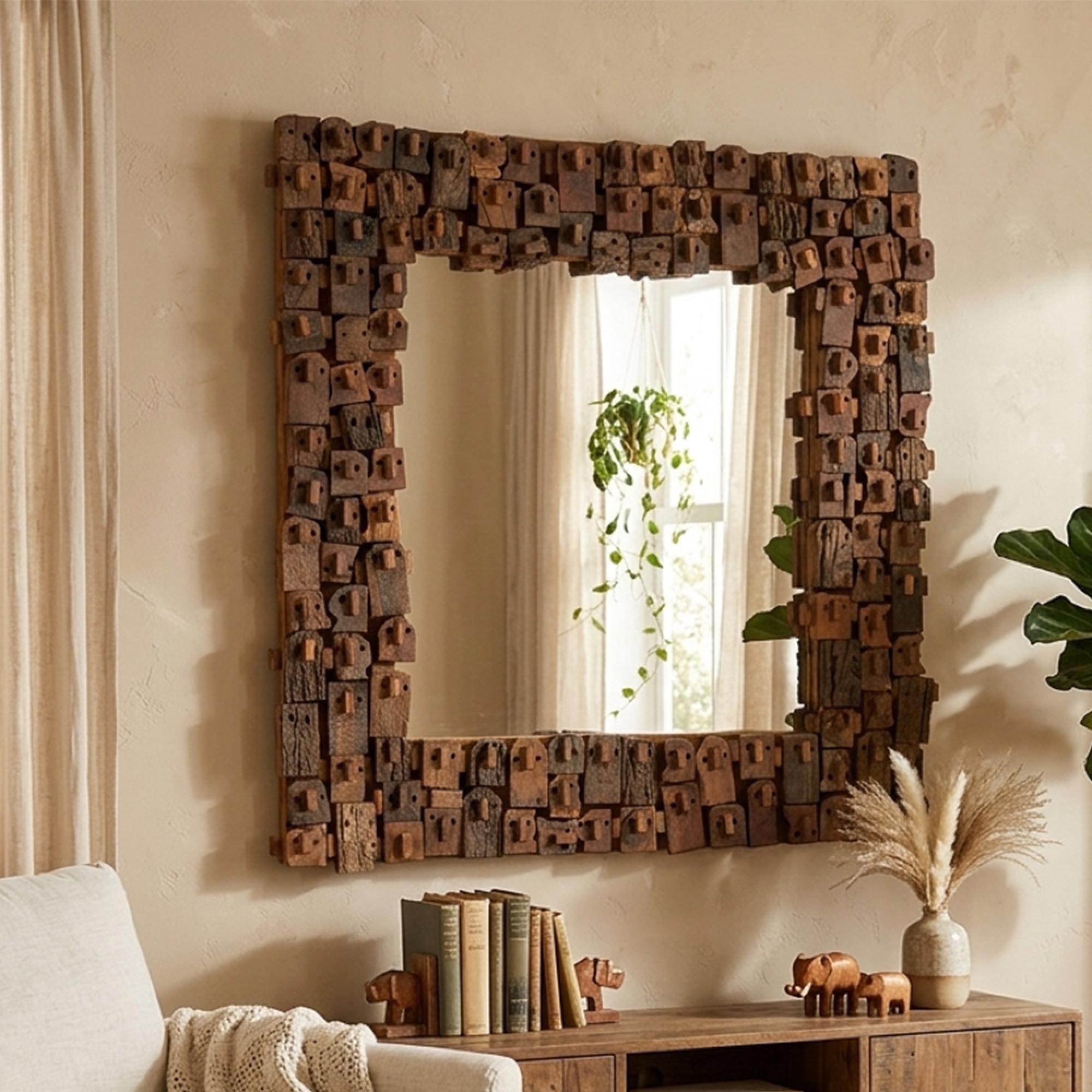 Syma Wall Mirror - Square - Small - Natural - Recycled Wood - 90cm x 5cm